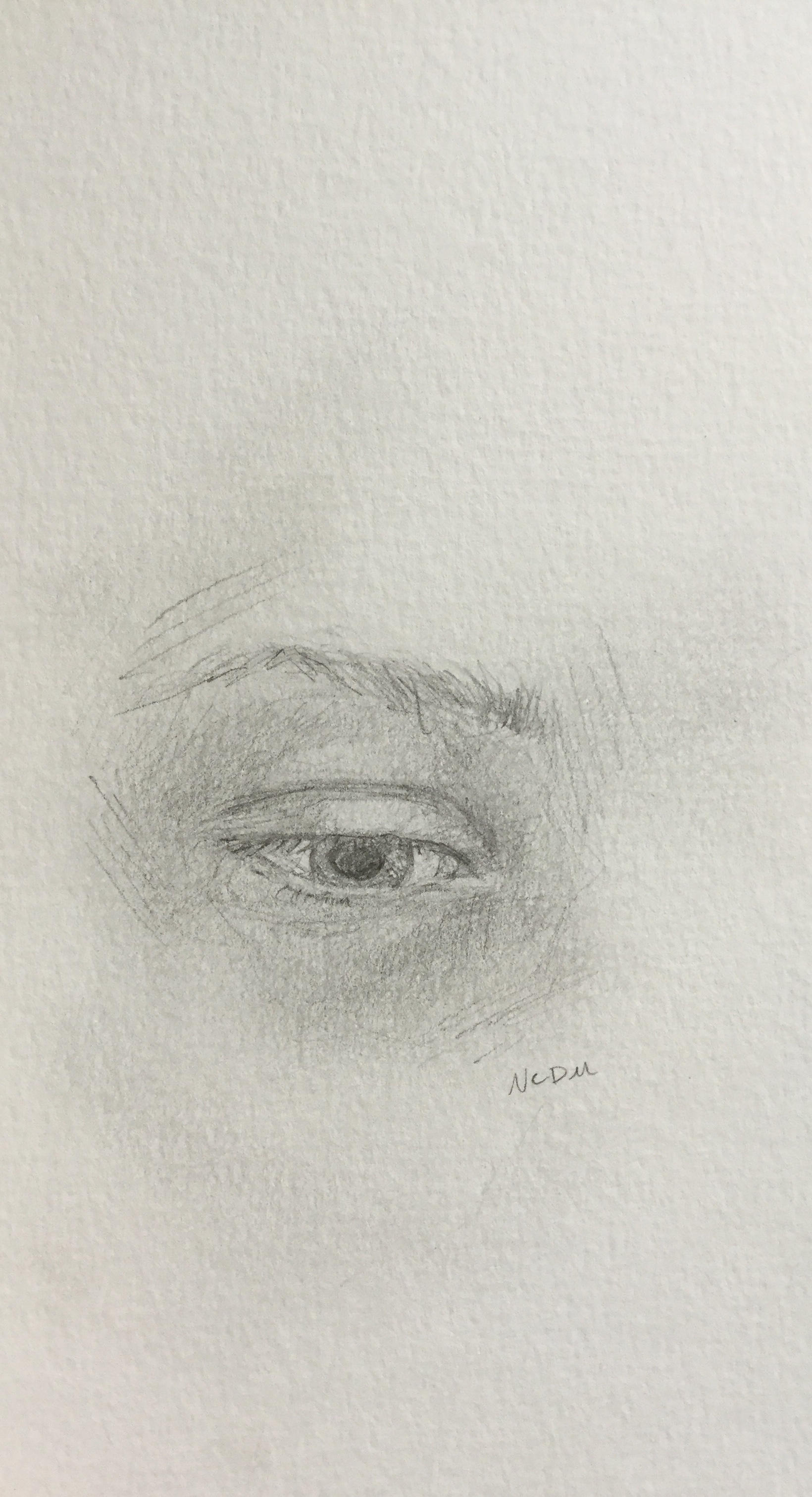 Graphite drawing of an eye looking downward.