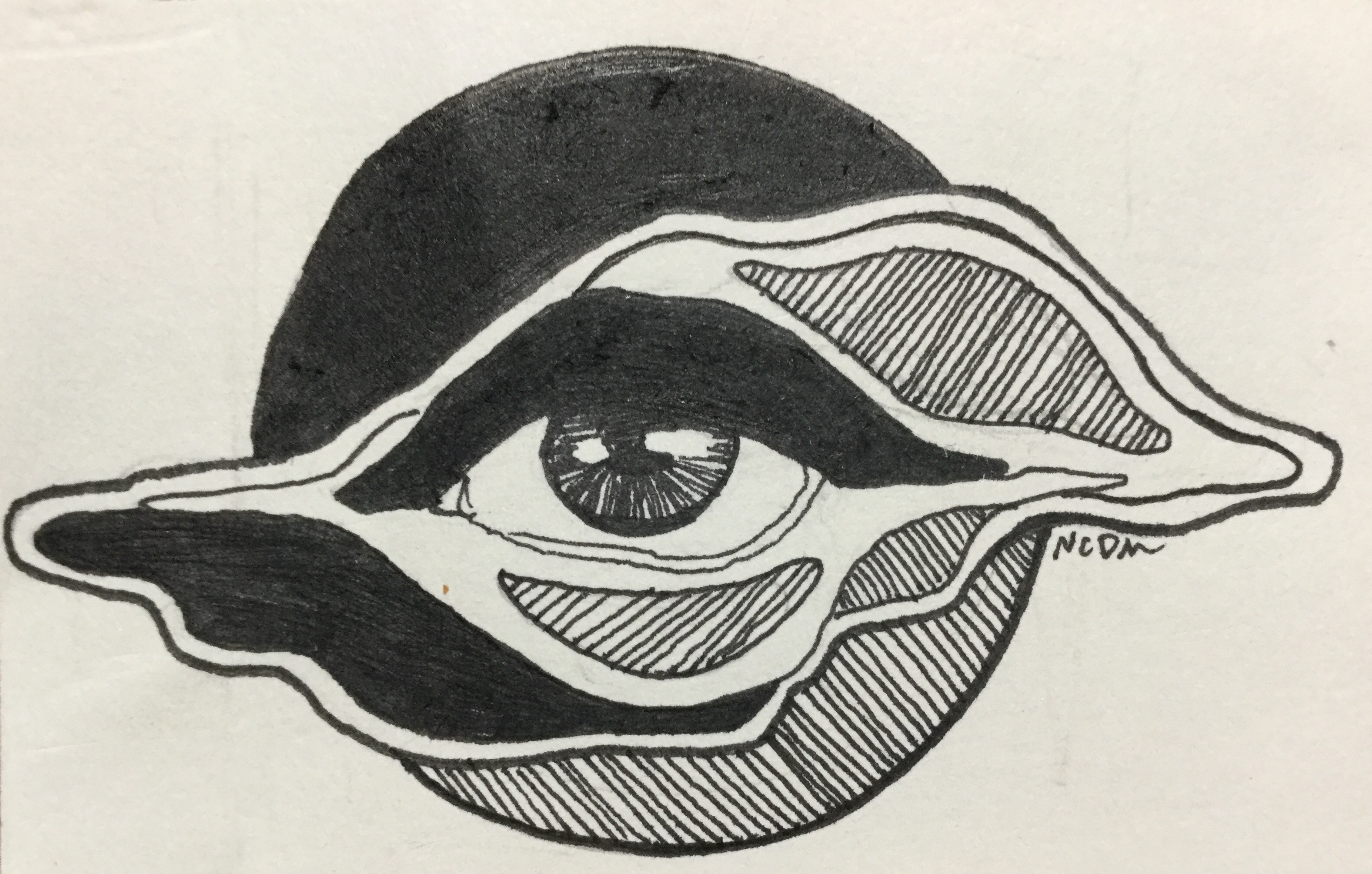 An ink illustration of an eye surrounded by abstract shapes, some filled with black, others with straight lines.