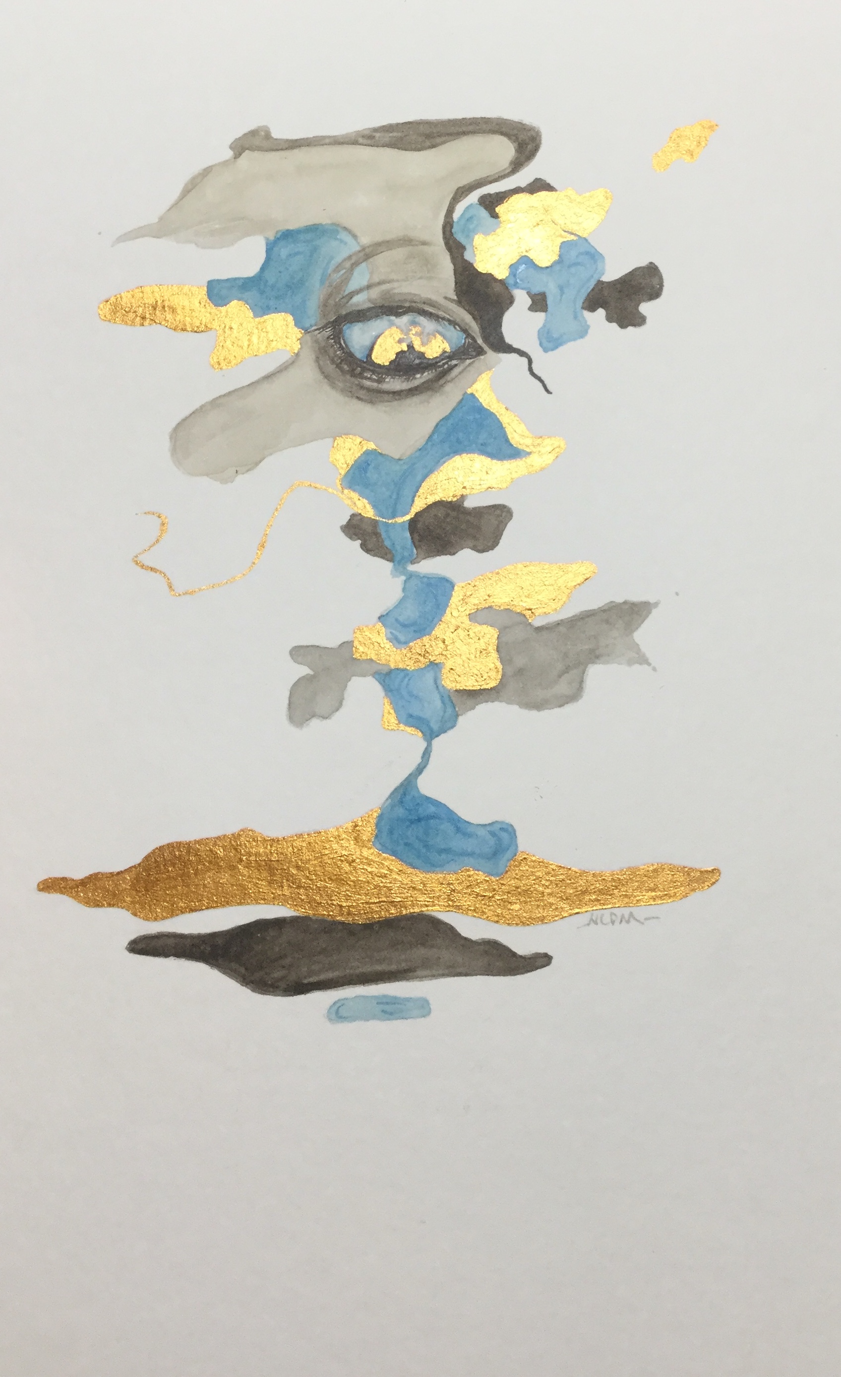 Watercolor painting of an eye looking down. Abstract shapes surround it painted in grey, blue and shiny gold.