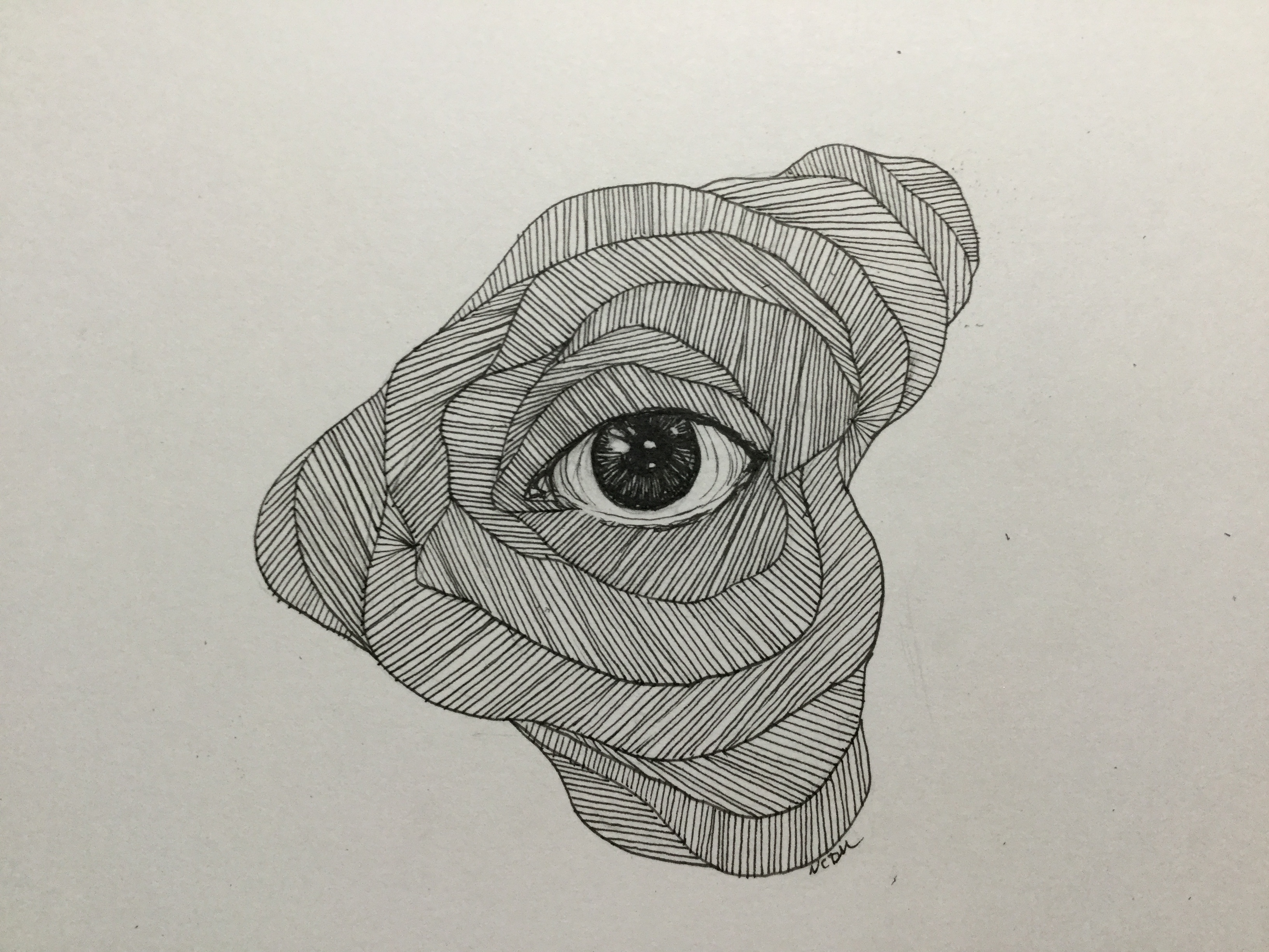 Ink illustration of an eye with shapes coming out from it filled with straight lines.