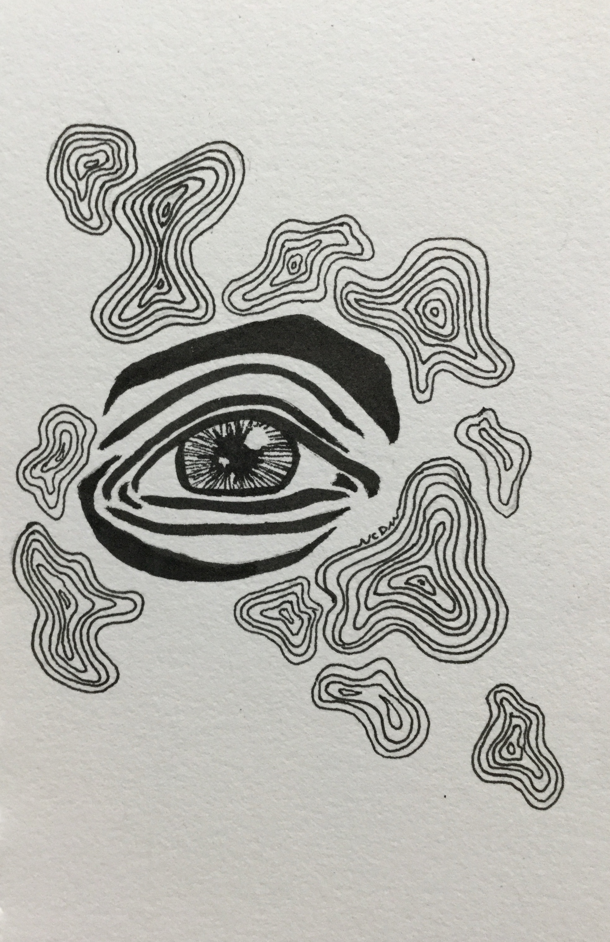 An illustration of an eye with thick lines. Thinner lines surround the eye in little shapes.