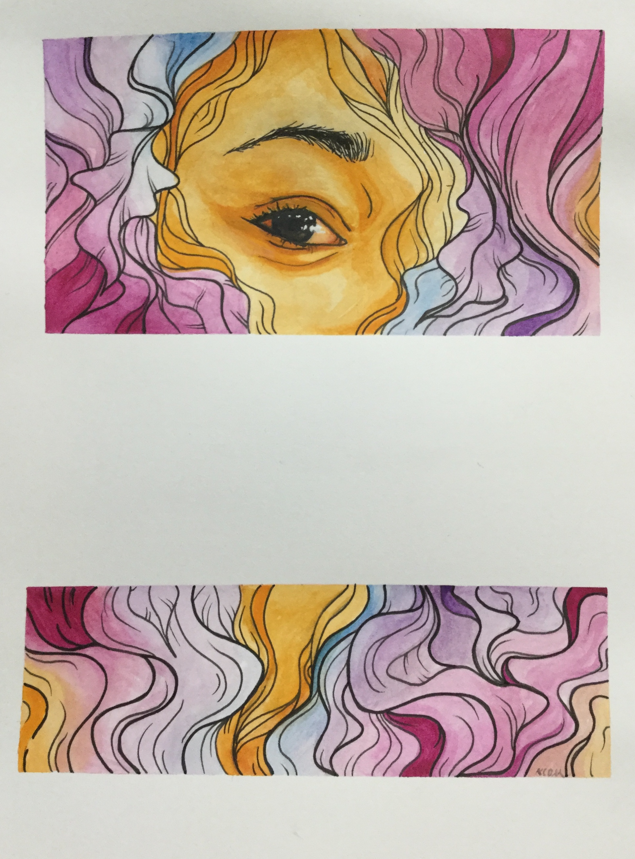 Ink illustration of a smiling eye peaking through flowing shapes, there is a blank space at the center of the paper but all the lines connect as if they were cut and spread apart. The piece is filled with bright watercolor, orange, pink, with touches of blue.