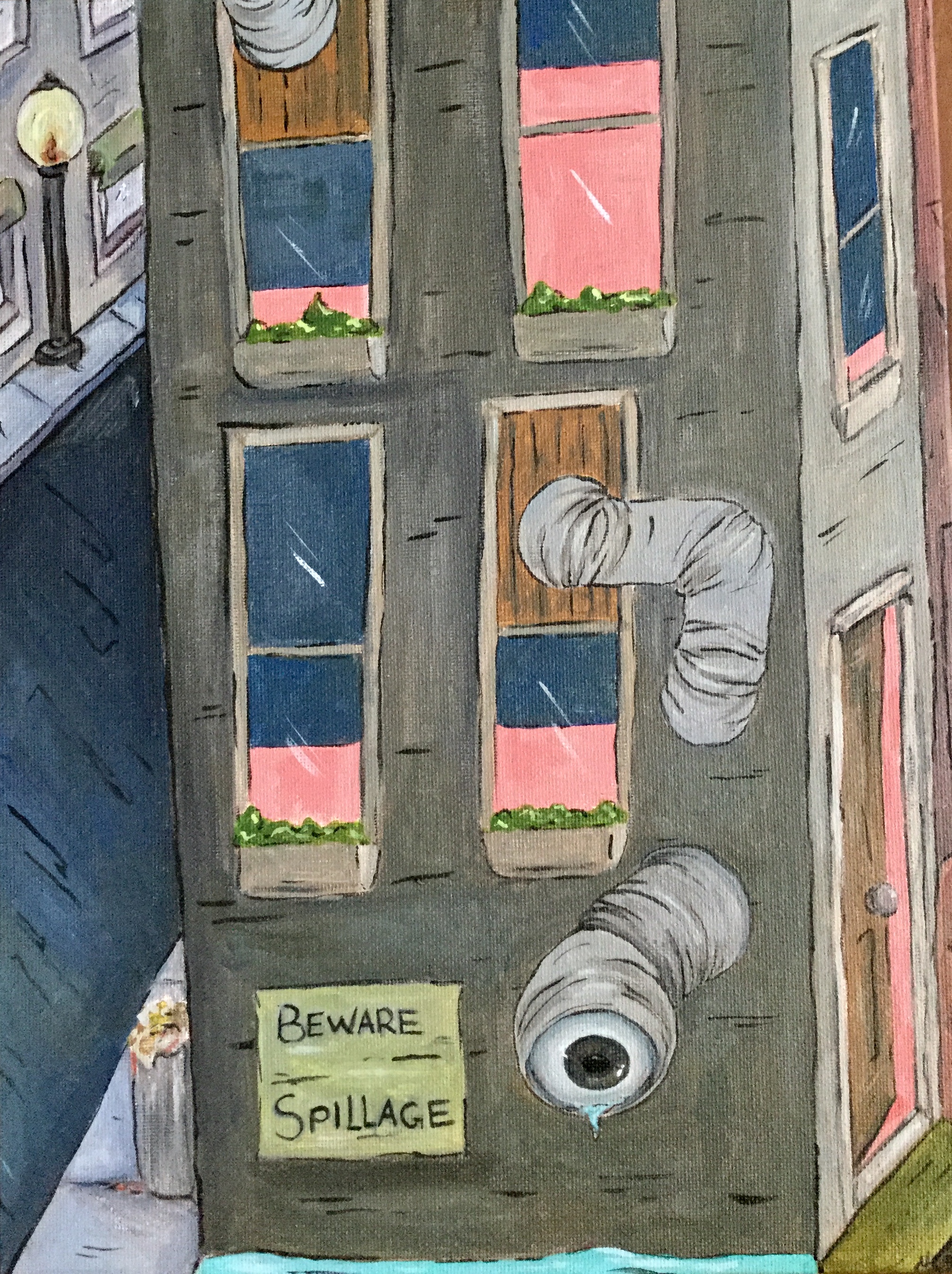 Surreal painting of an apartment building close up with purposefully skewed perspectives, a street light in the corner, and a pipe sticking out of the building with an eyeball in it, dripping water. A door on the right of the building is cracked open.