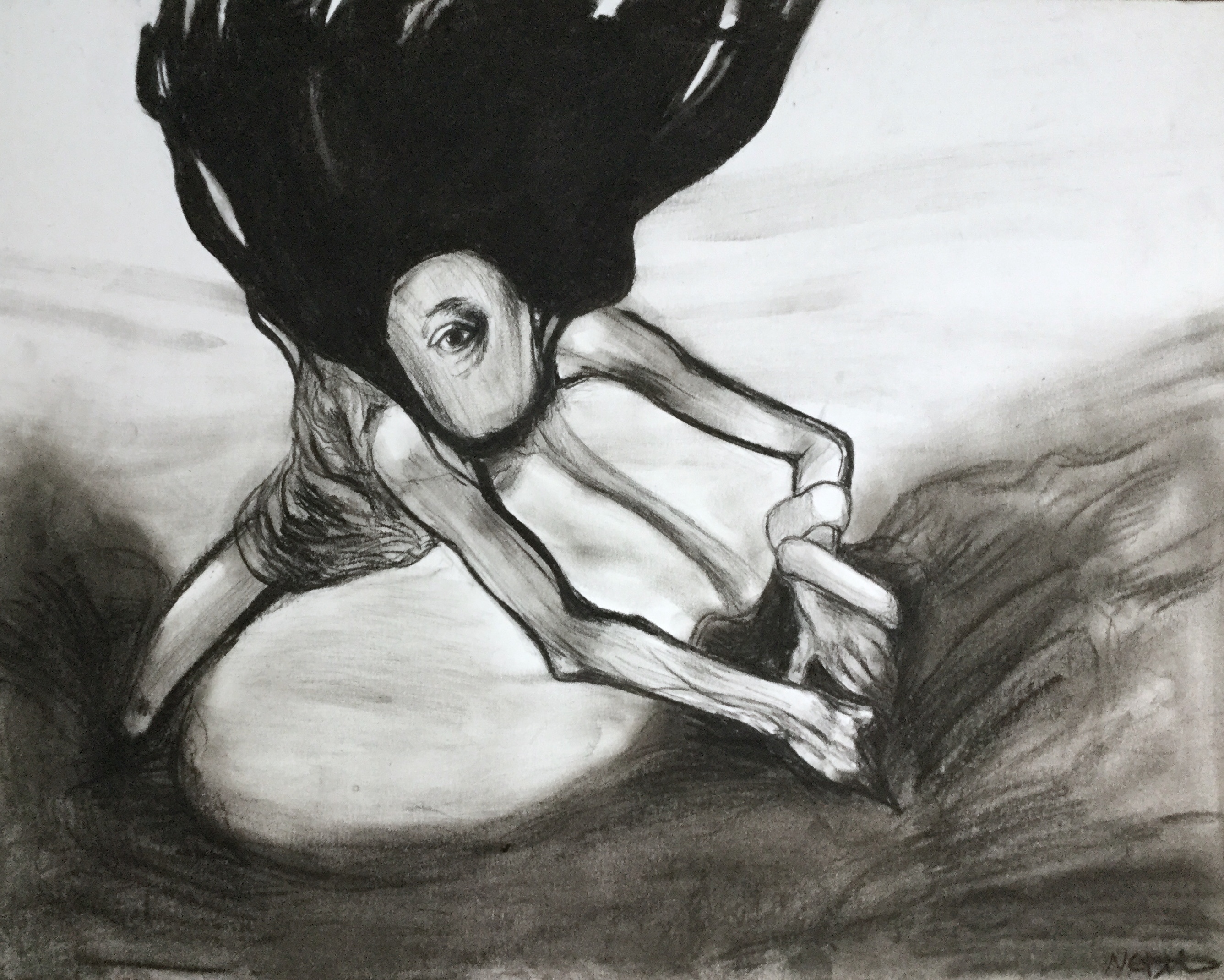 Charcoal drawing of a body body reaching its hands toward the foreground with black hair that floats up and off the page. The face is blank except for a single eye in the center.