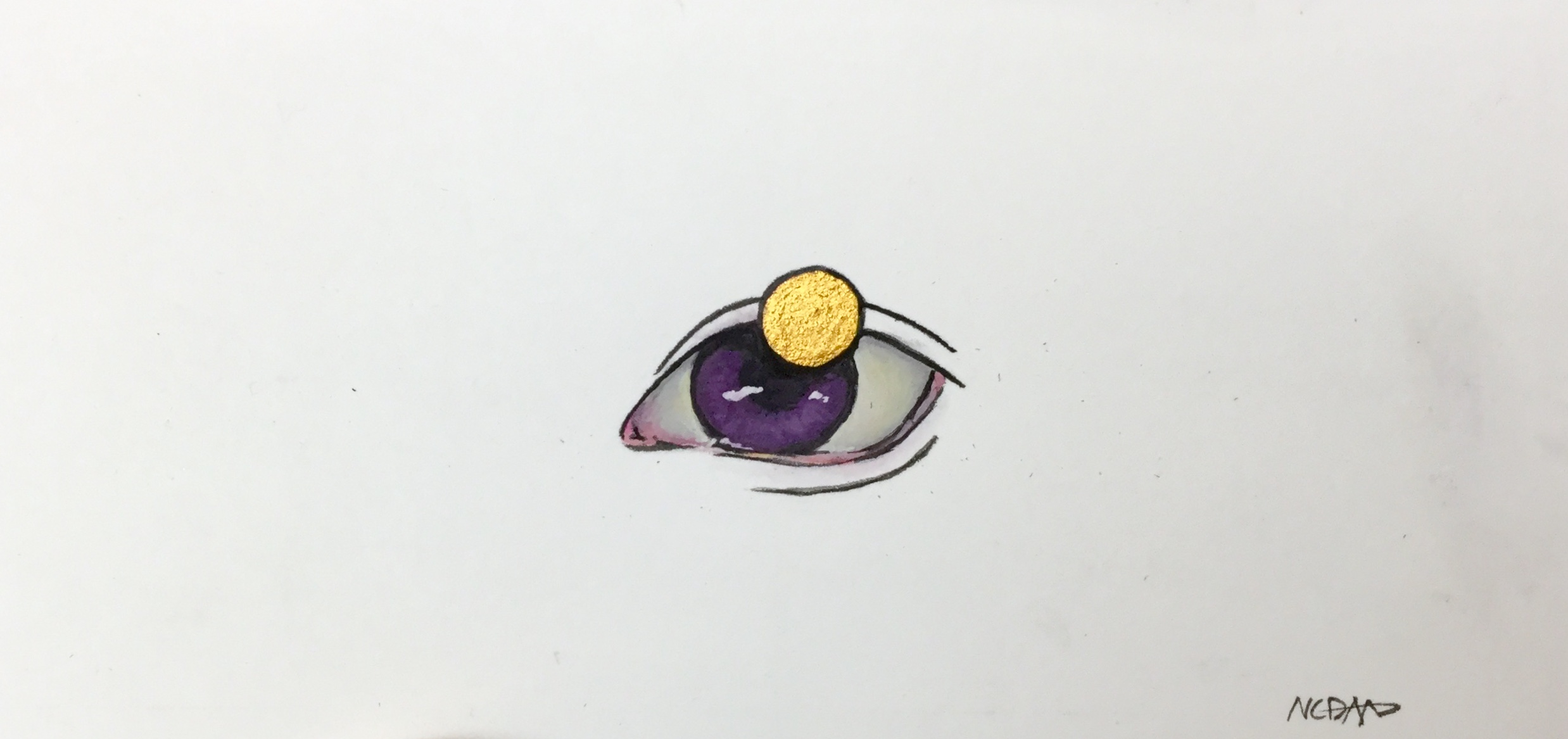 Painting of an eye with a purple iris and a golden dot hovering toward the upper right of the eye.