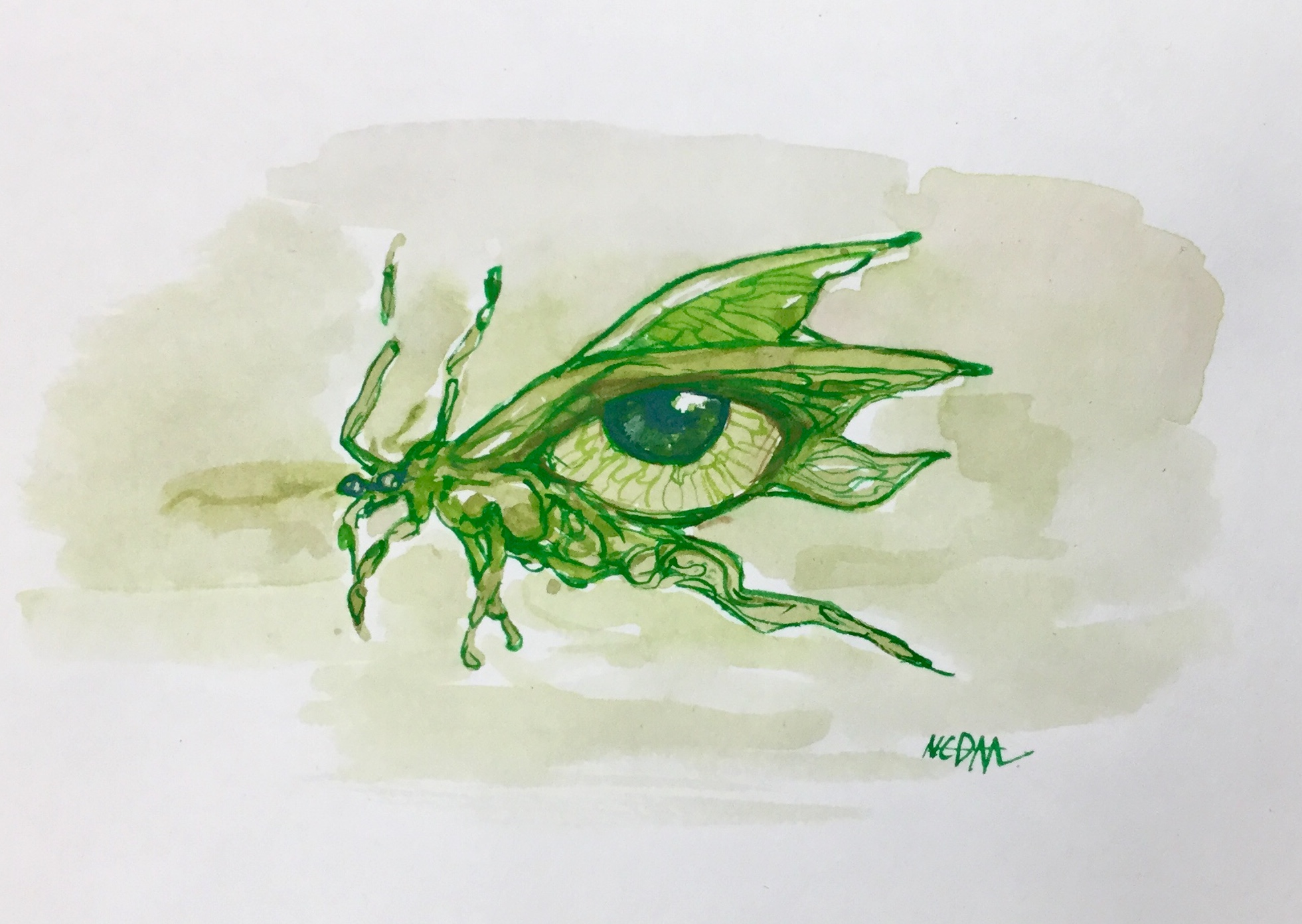 Surreal painting of a green buglike figure with wings, one of the wings has an eye in it.