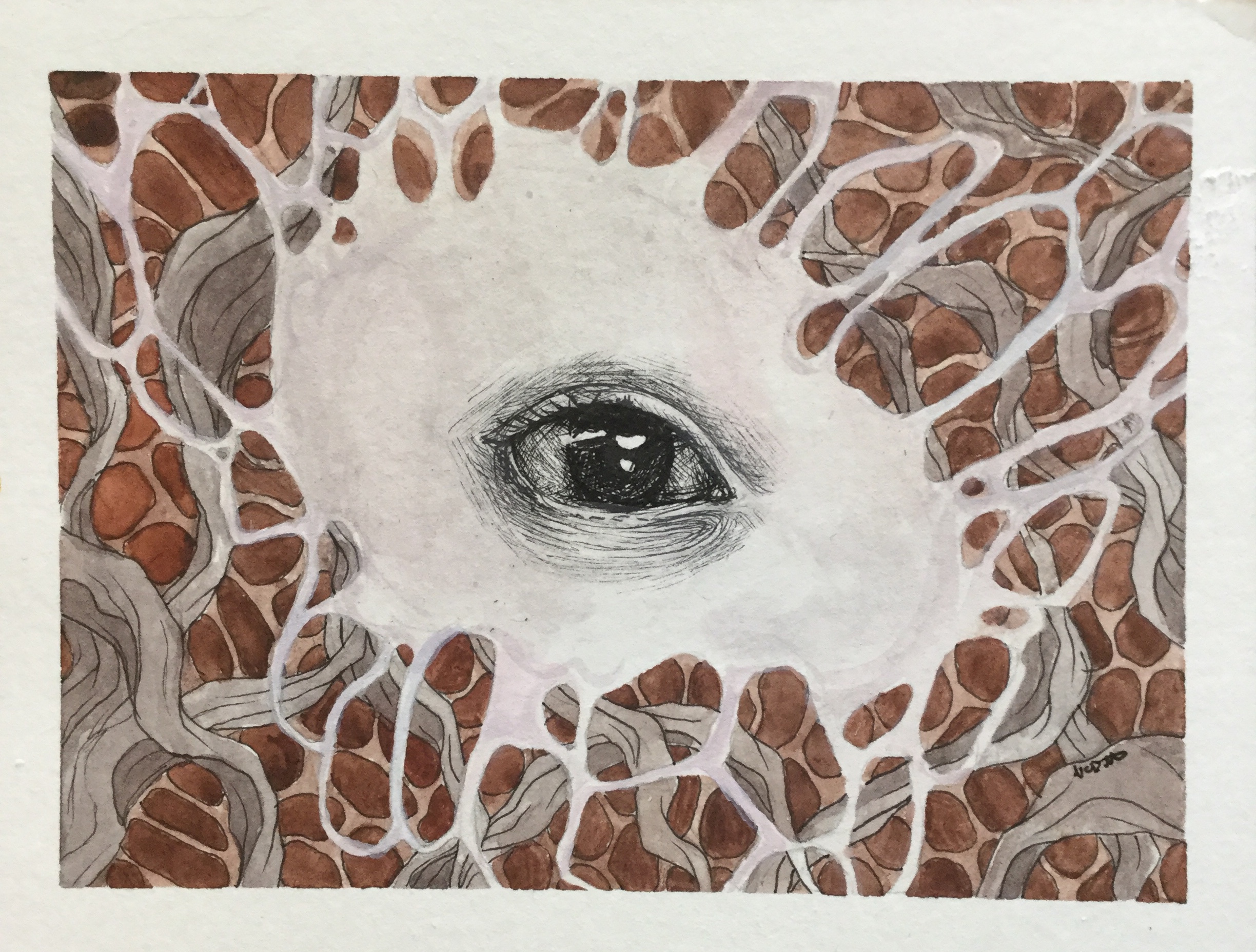 Ink illustration of an eye looking at you with the skin around it stretching across the page fraying at the edges to reveal a fleshy, ropy pattern beneath.