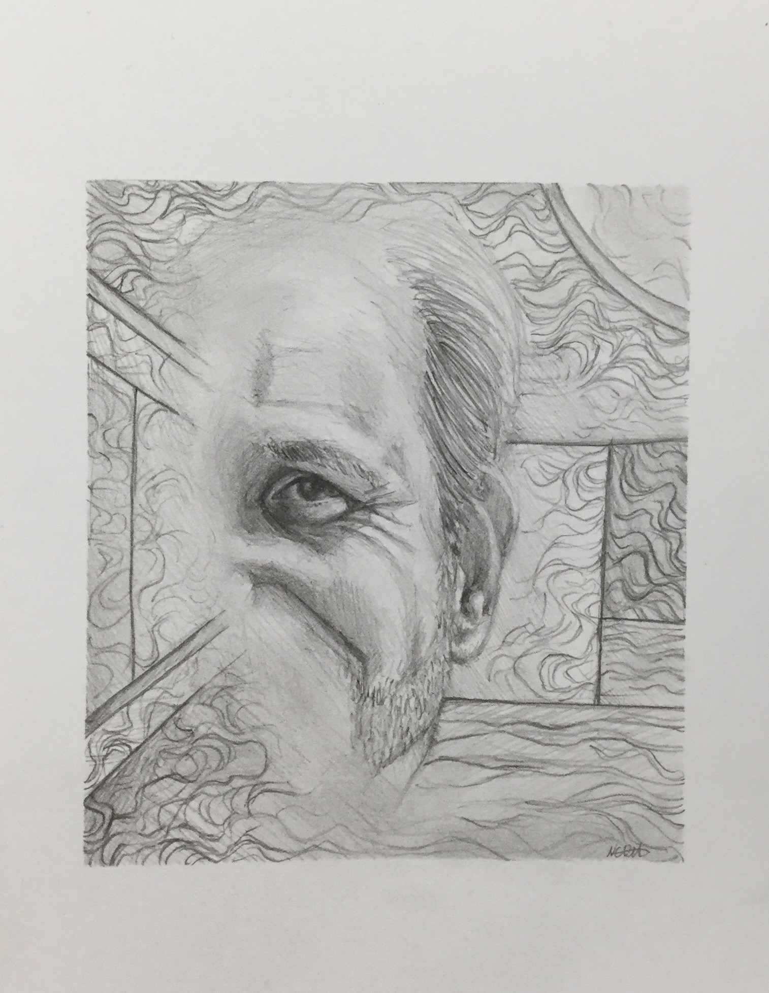 Realism graphite drawing of a smiling eye and the surrounding forehead with a background of lines and space