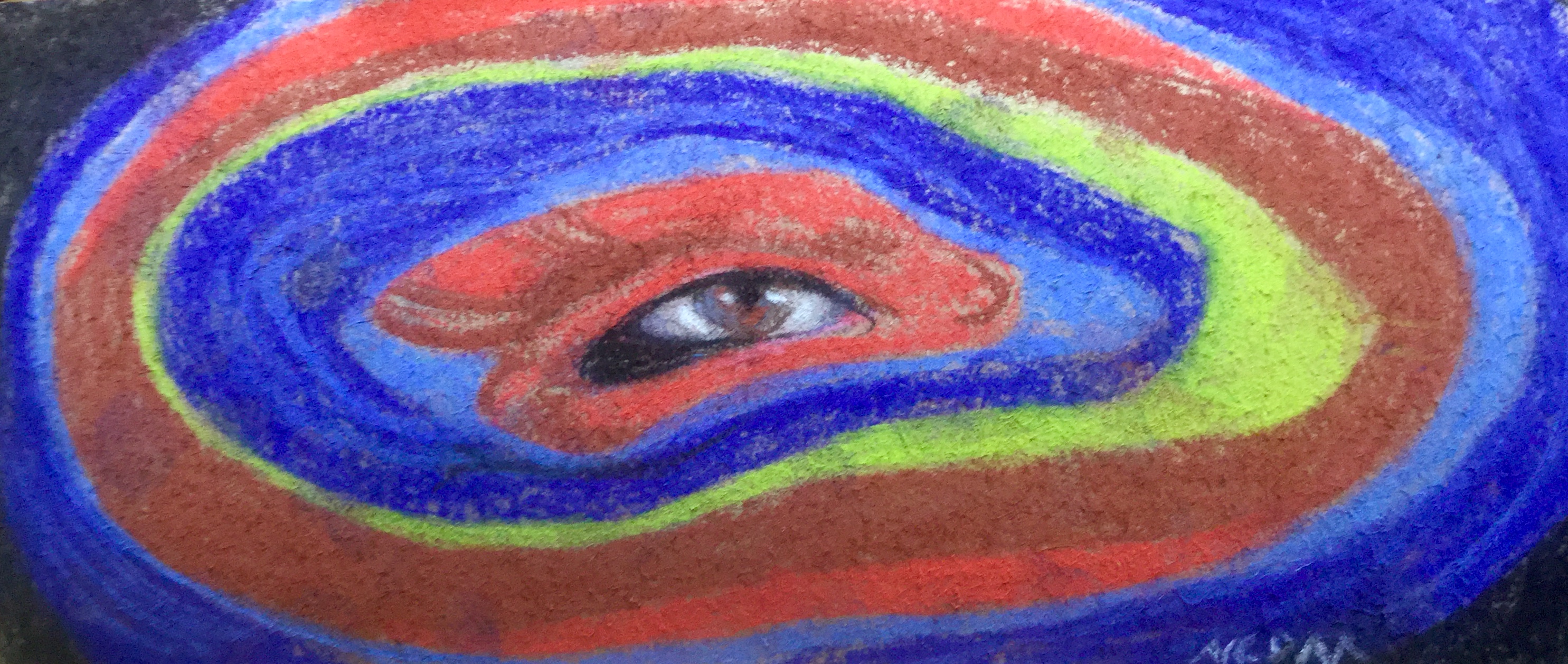 Conte crayon drawing of an eye with colorful shapes in blue, red, and green surrounding it