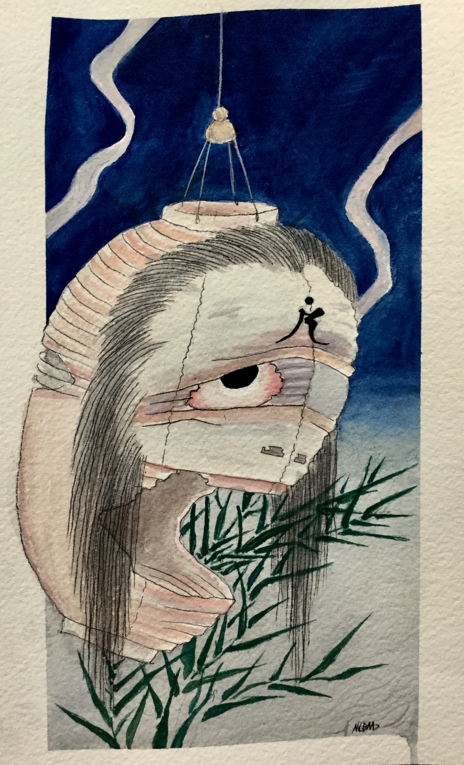 Watercolor painting of a lantern with a face and hair sprouting from it with a ripped piece of the lantern representing a mouth. The background is blue with leaves