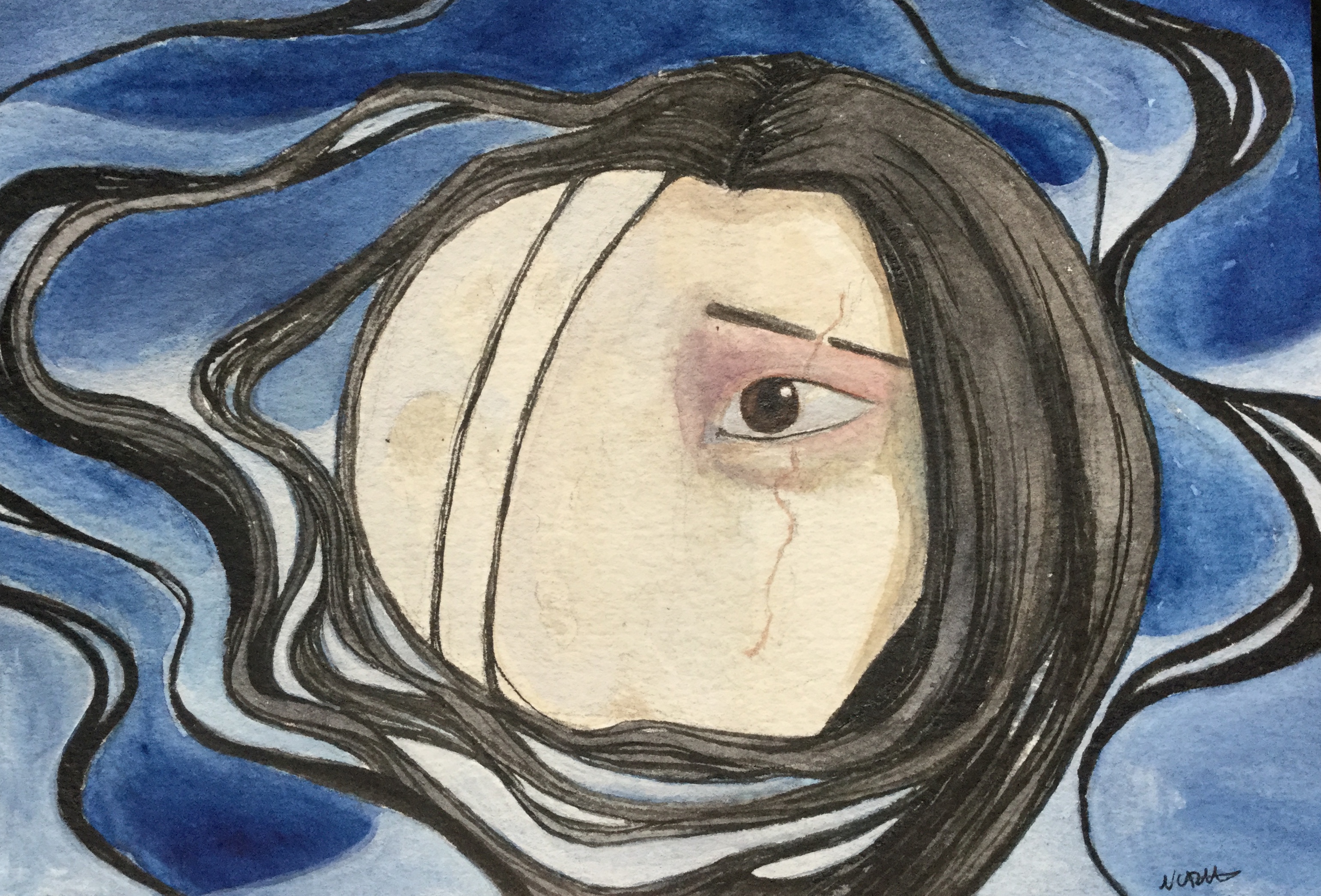 Watercolor painting of the moon blending into a women's face, there is a faint scar across her eye. Her hair wraps around the moon and flows out into the blue background. Two pieces of her hair stretch across the moon's surface like strings.