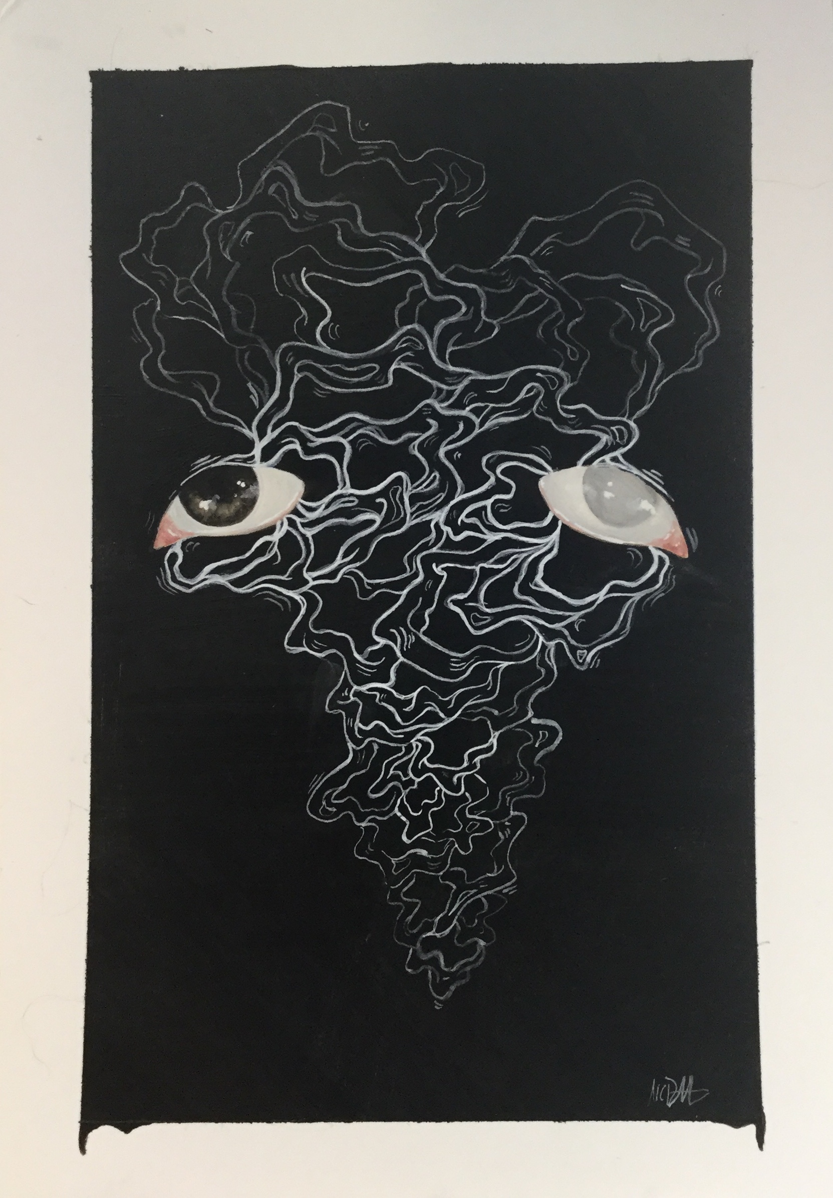 Gouache painting of white flowing lines connecting two opposite eyes on a black background. One eye is milky white, and blind, the other is brown.