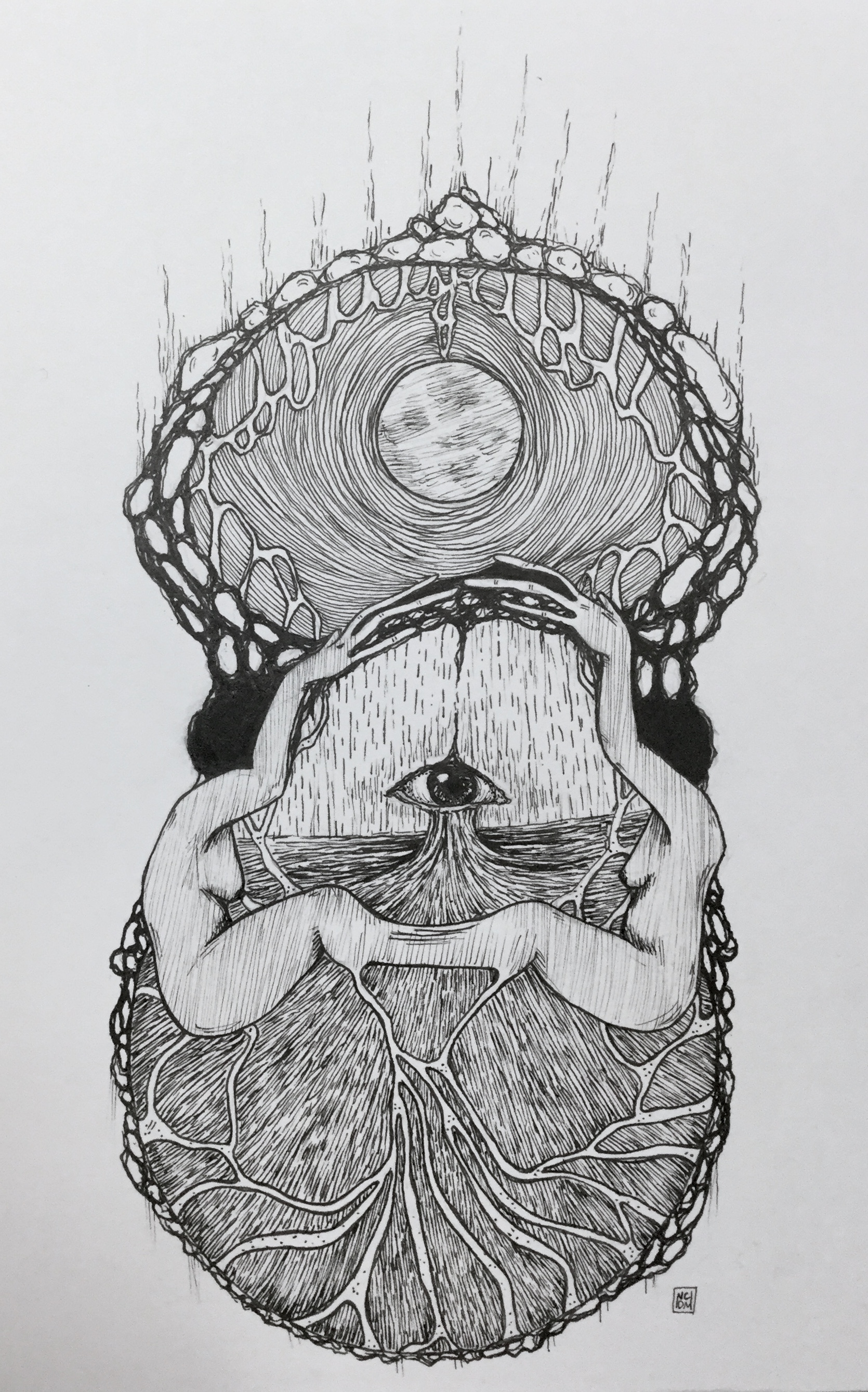 Ink illustration of two women's bodies sitting across from each other with fingers and legs reaching across and melding in to one another, their black ahir turns into an organic shape that reaches up to arc over the page with lines and a full moon in the center. Beneath them is a wavy, root like structure, and between them is an eye.