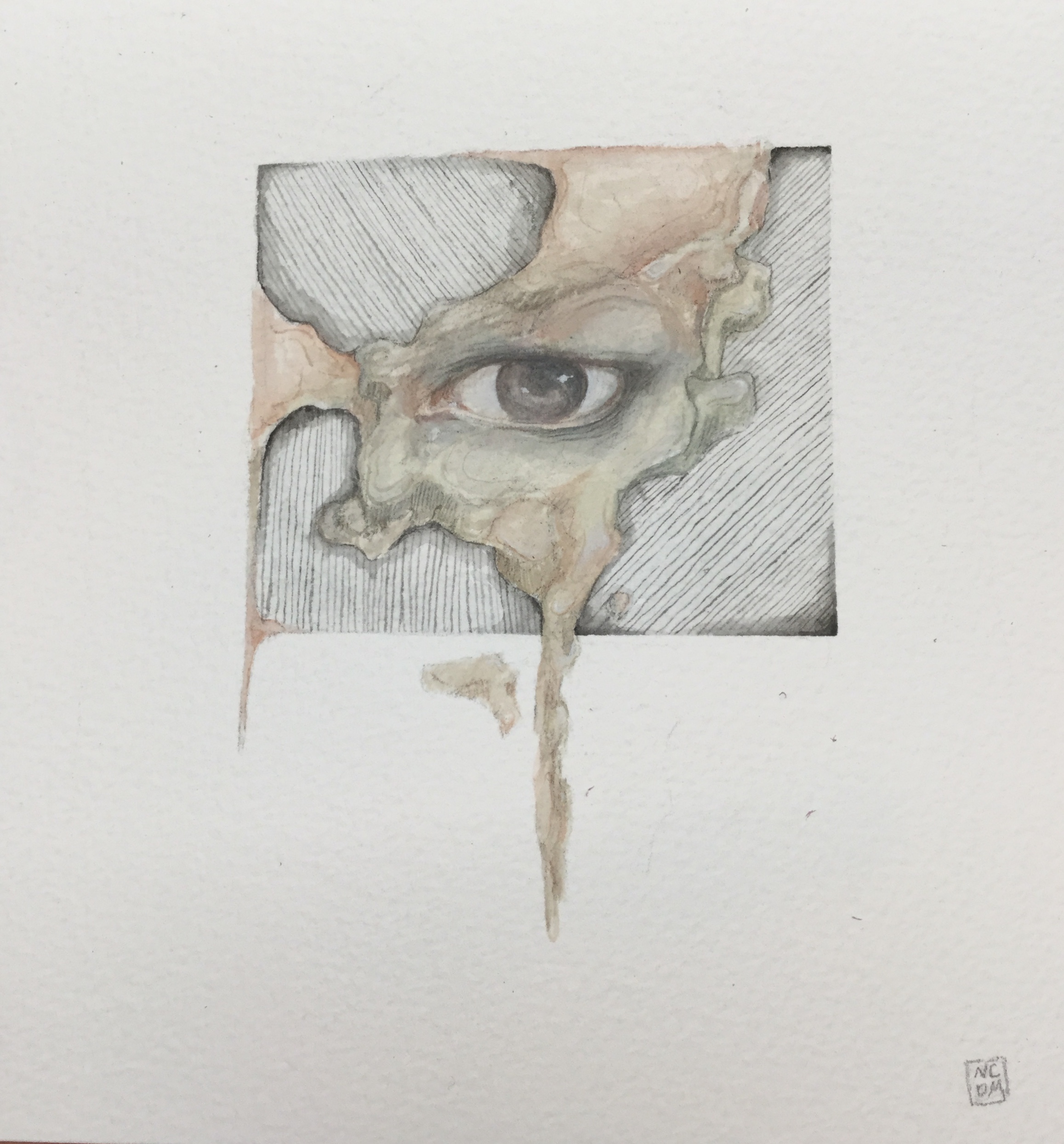 Watercolor painting of an eye with the skin dripping down and ink lines in the background