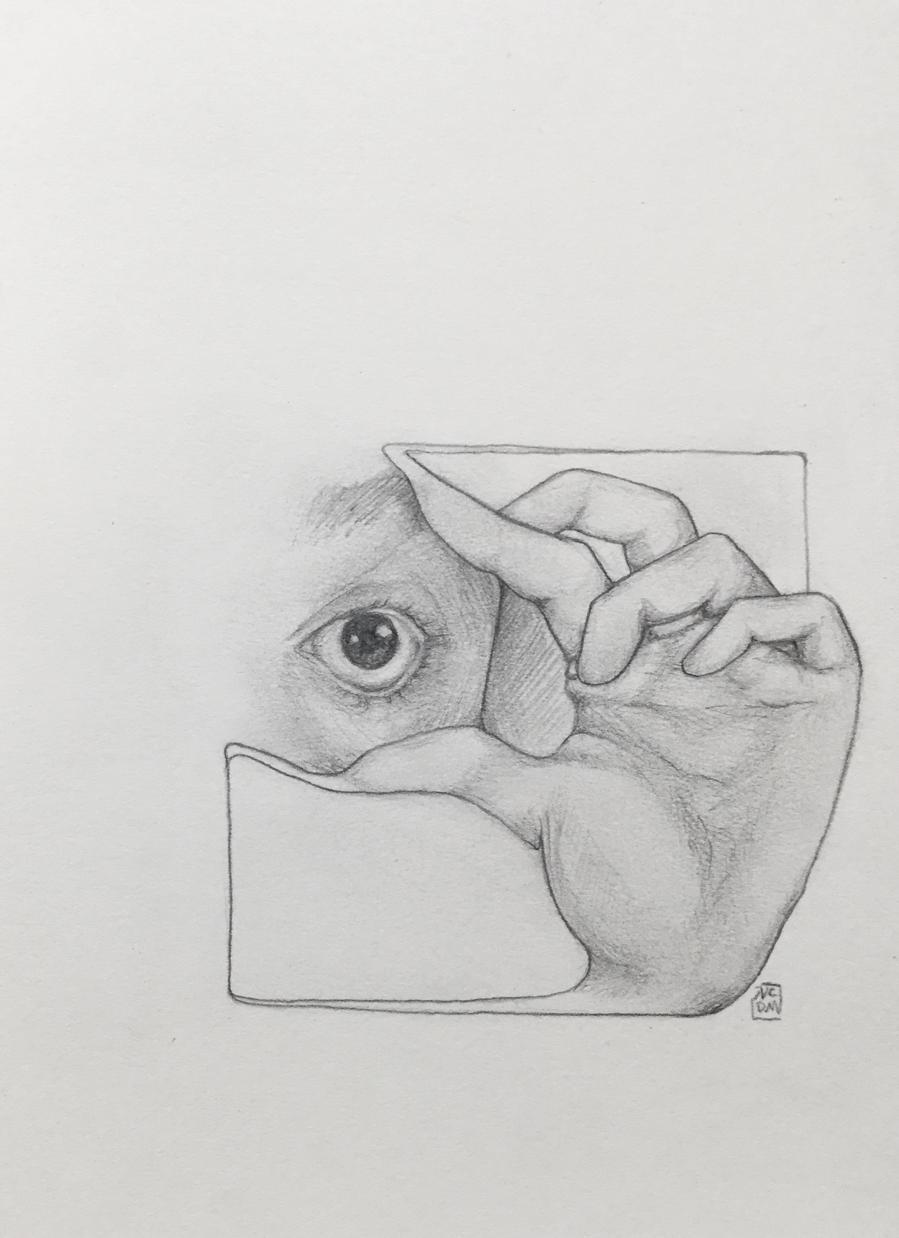 Graphite drawing of an eye with a hand pinching the eyelids open with pointer finger and thumb. The finger nails turn into a square frame
