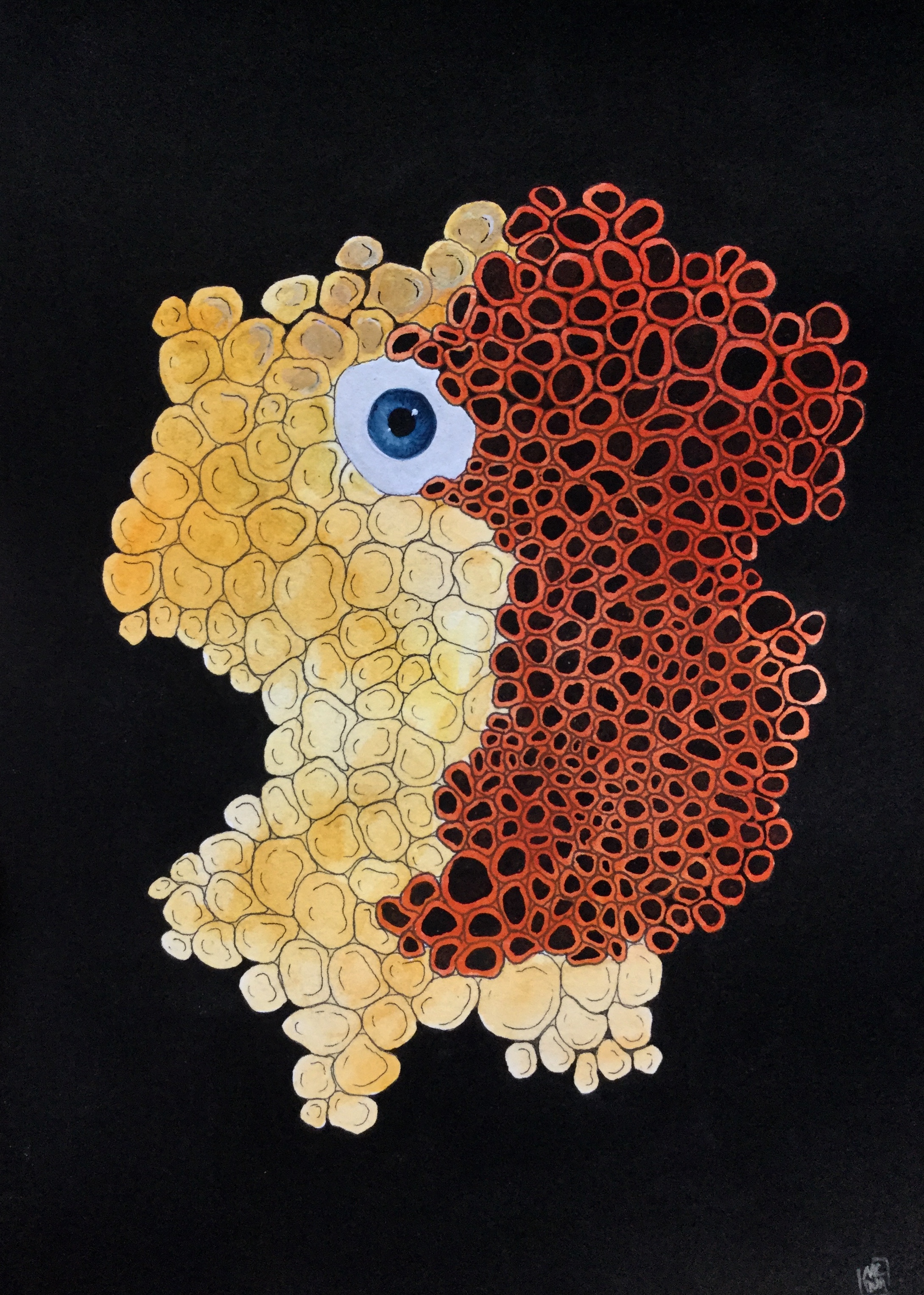 Painting and illustration of circles nestled around each other, half of them are empty and in yellow, the ohter half are red with the centers filled in in black. An eye is in the center top, with a black background surrounding everything.