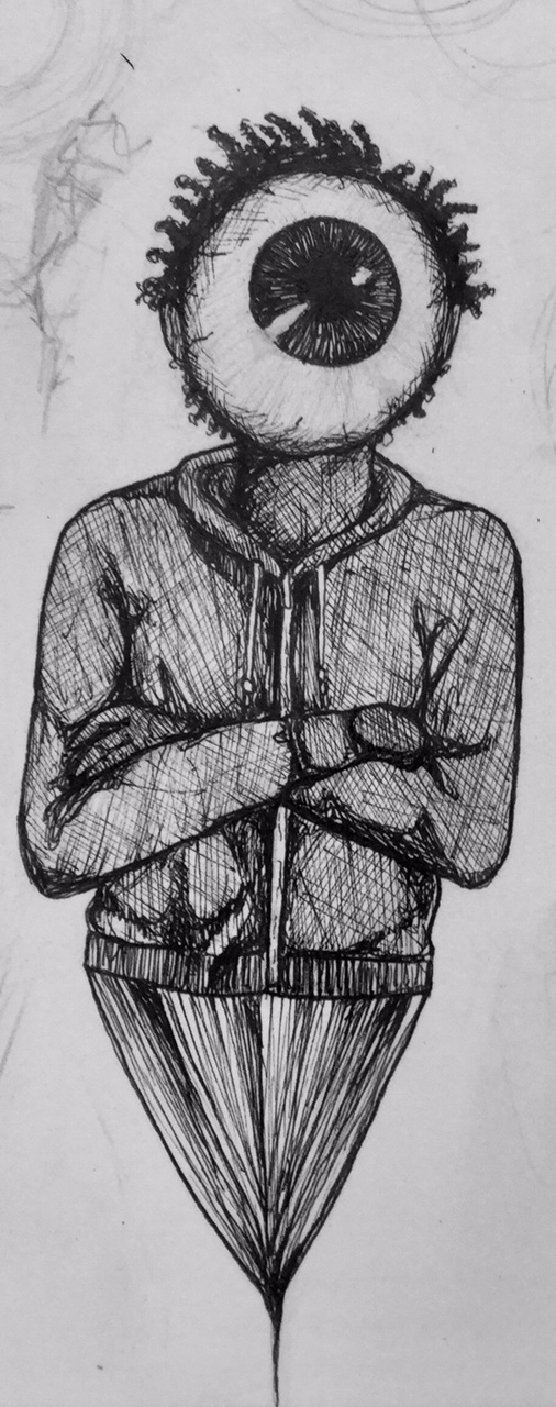Ink illustration of a child in a coat with crossed arms and an eyeball for a head.