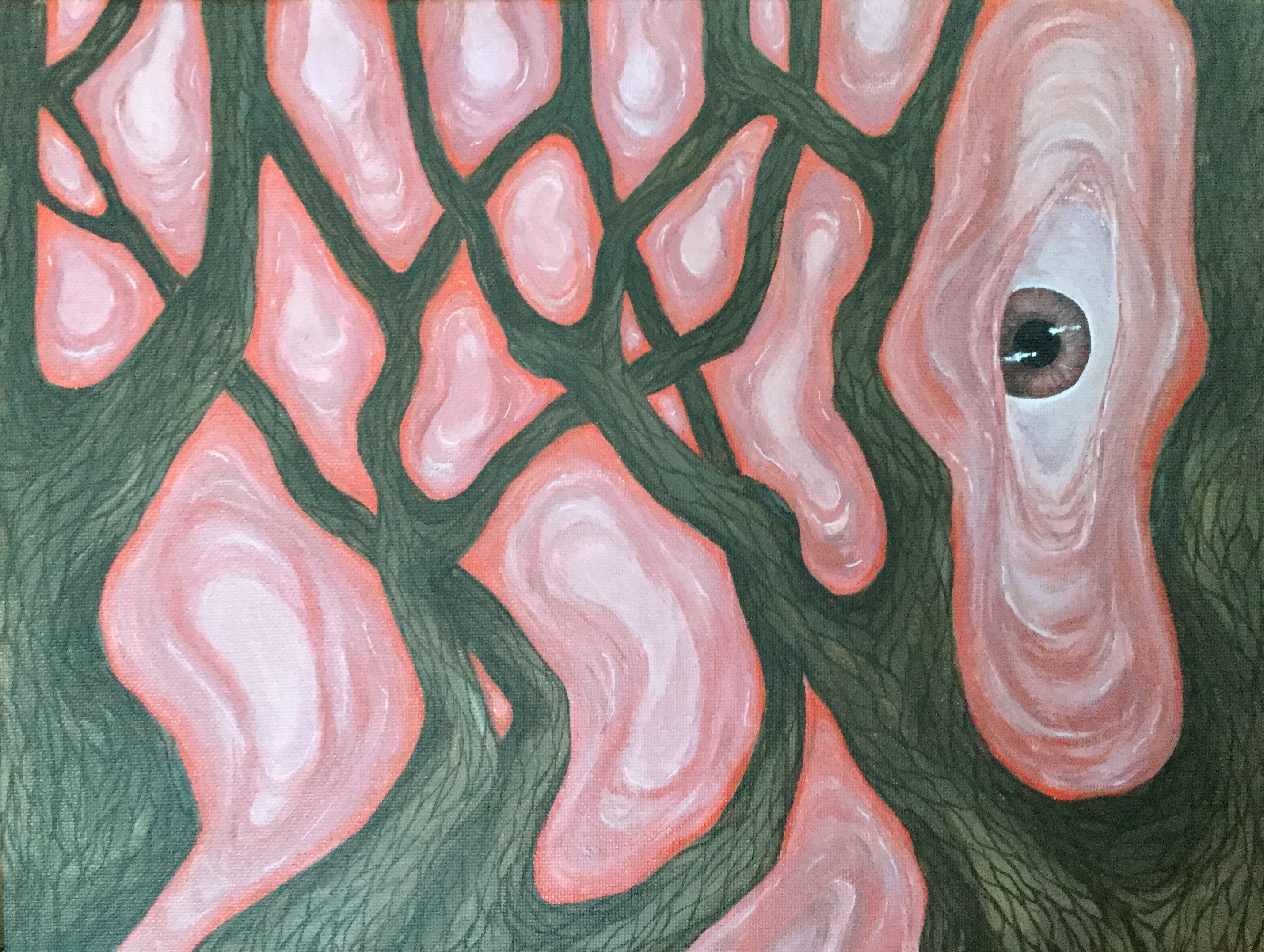 Tree branches with fleshy pink texture between them, in one of the paces between a branch and trunk is an eye