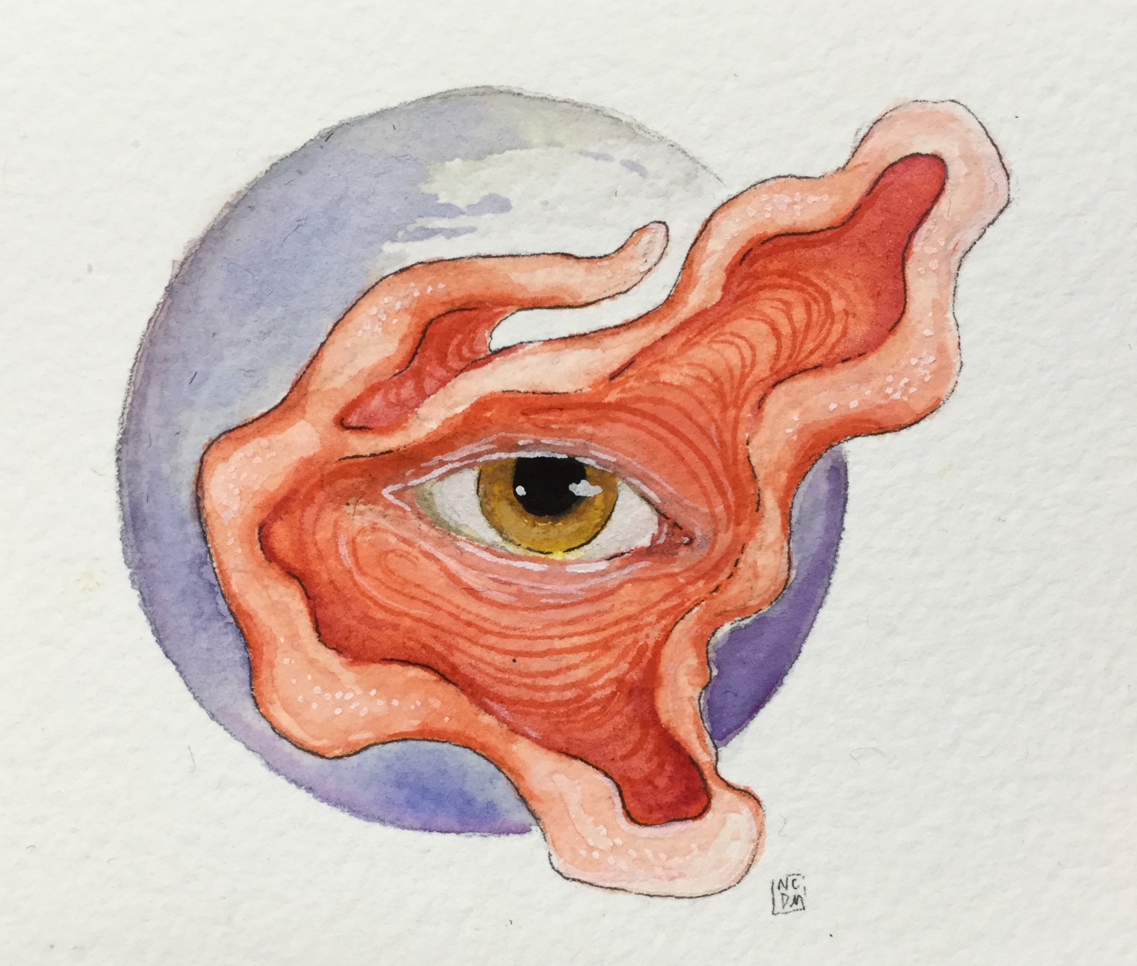 Watercolor and ink illustration of an eye inside a red coral-like shape with a purple circle in the background