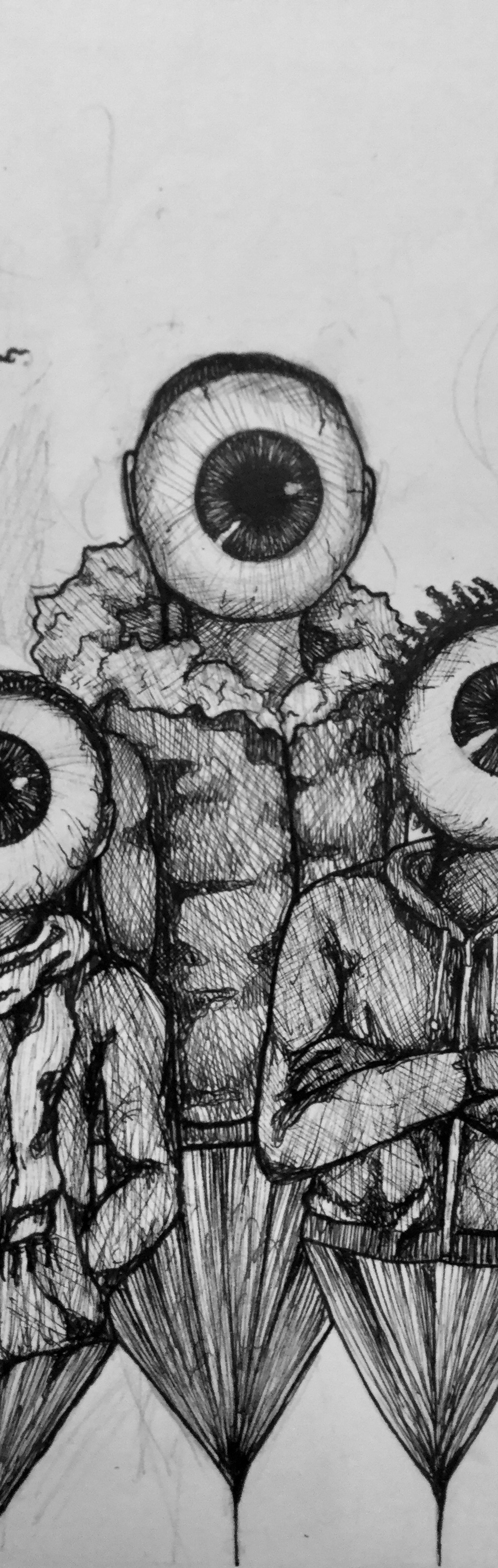 Ink illustration of a child in a puffy coat with an eyeball for a face