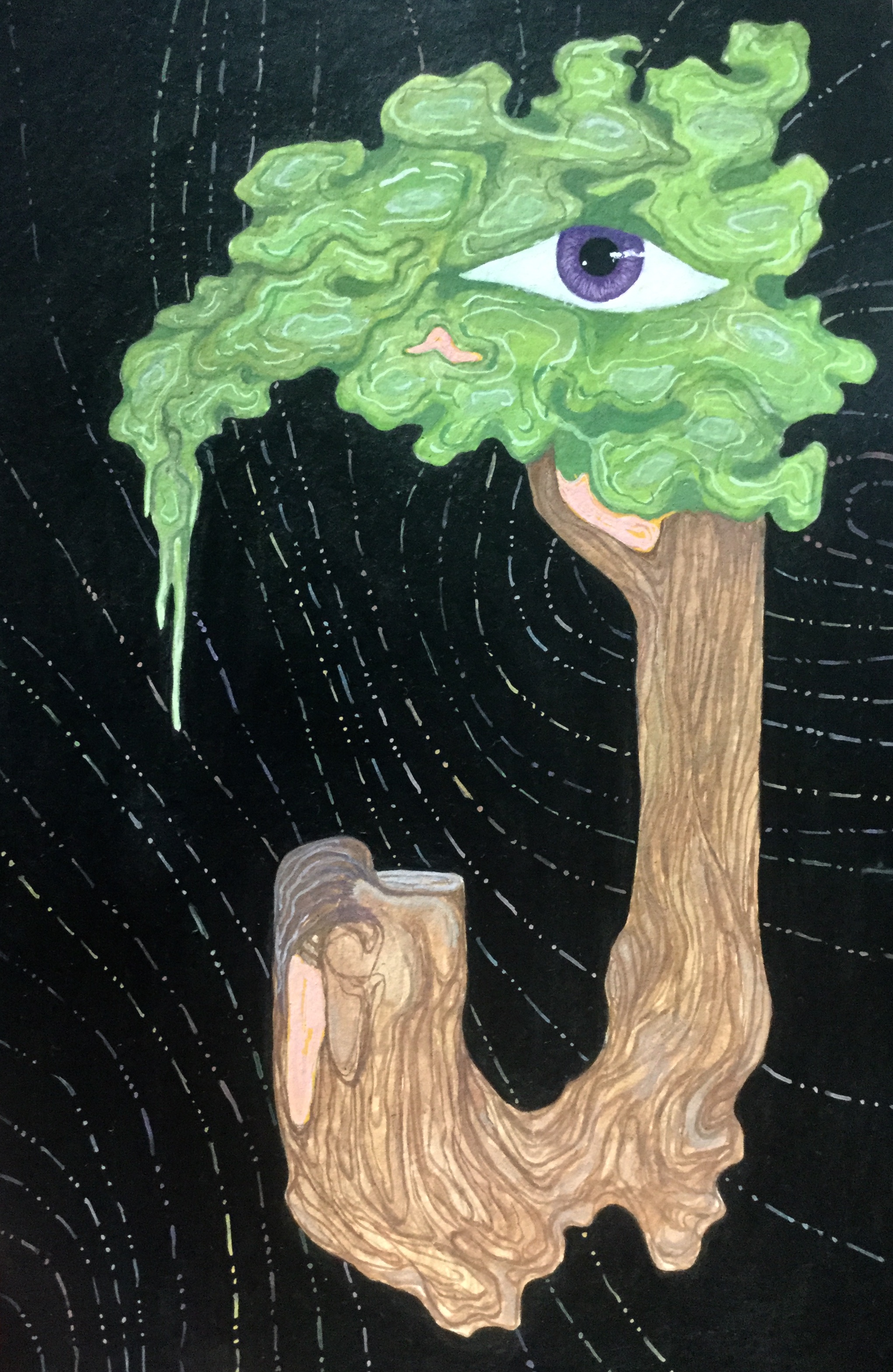 Gouache painting of a tree with green leaves hovering in a black background, there is an eye in the tree's canopy and the roots are attached to a stump with the shape of a person's neck and hair handing down in sadness in it