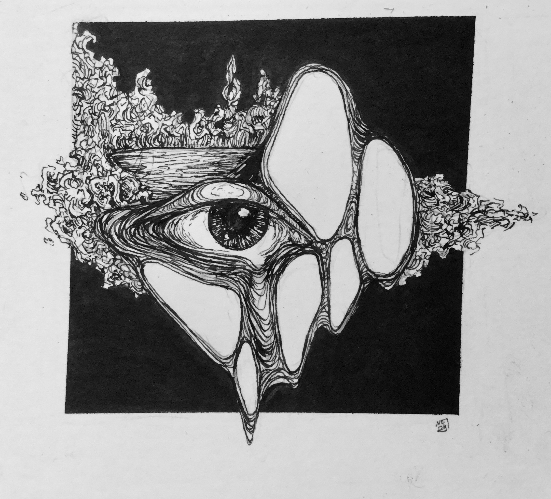 Ink illustration of an eye with abstract shapes near it that turn into a pond surrounded by trees. the background is a black square