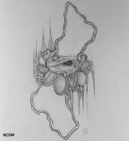 Stop motion animation of an graphite drawing of an eye with un-shelled almonds surrounding it and curved branches creating shapes on the top and bottom of the eye, with each frame a new curved line fills in the shape inside the branches.