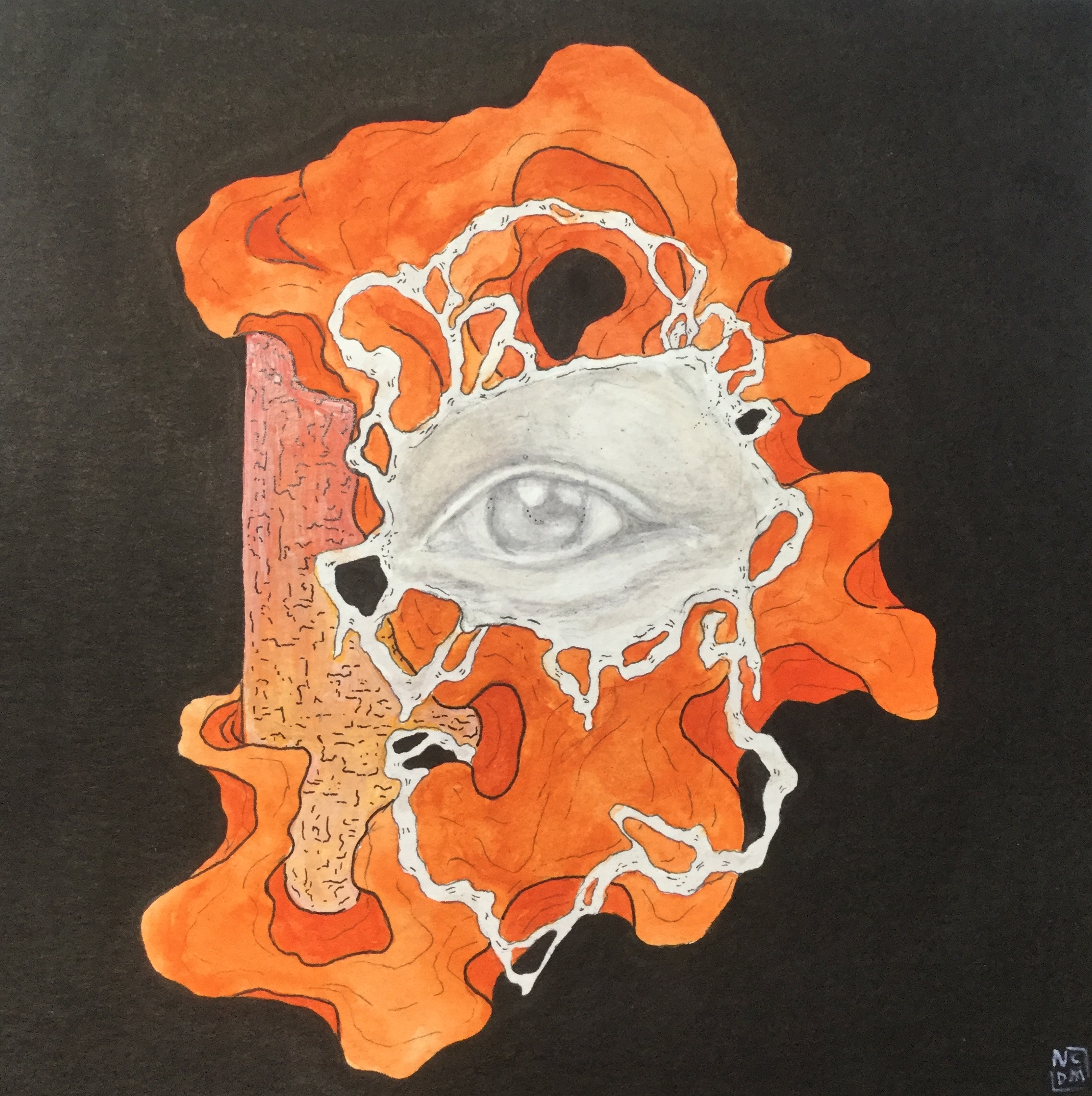 Watercolor painting of an eye in light grey with the skin breaking up into flowing lines. Behind it is n orange, flowing shape with a column with little inked lines on it. The background is black.