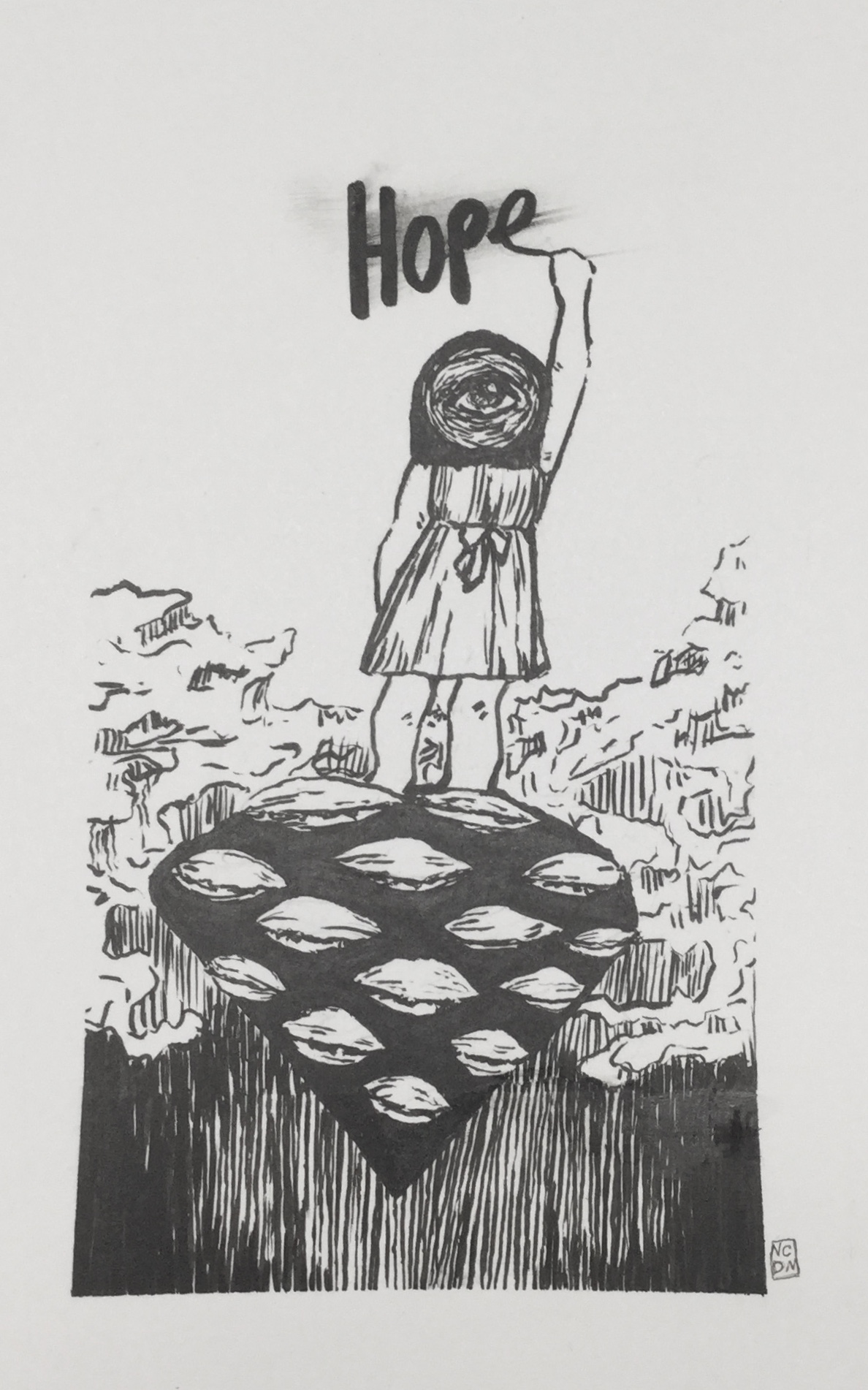 Ink illustration of a little girl standing on rubble writing hope in English. The back of her head is an eye and in the rubble are closed eyes