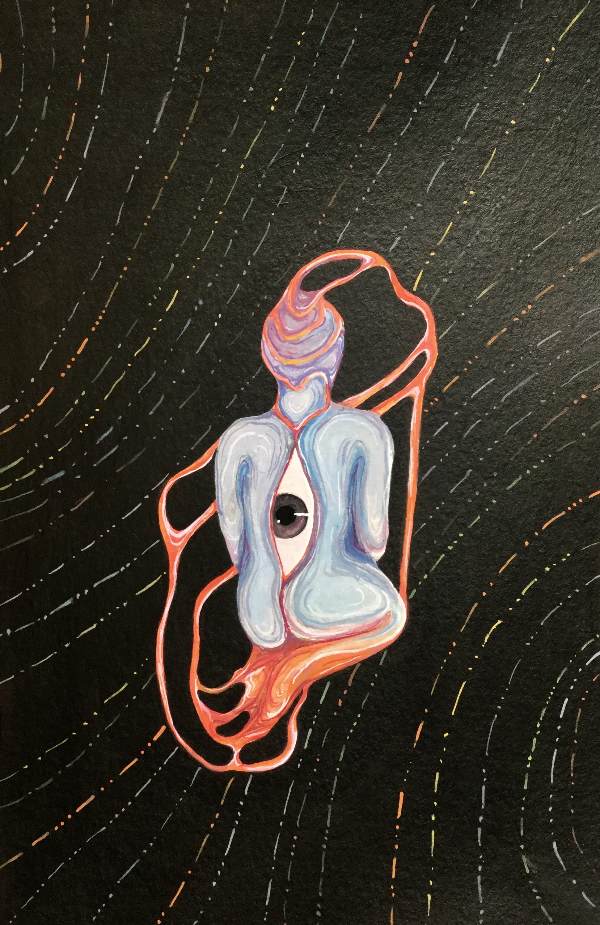 Gouache painting of a kneeling figure turned away from you with blue skin and its feet turning into red lines that weave up and around to connect to the head. An eye is on their back. The background is black with colorful dashes