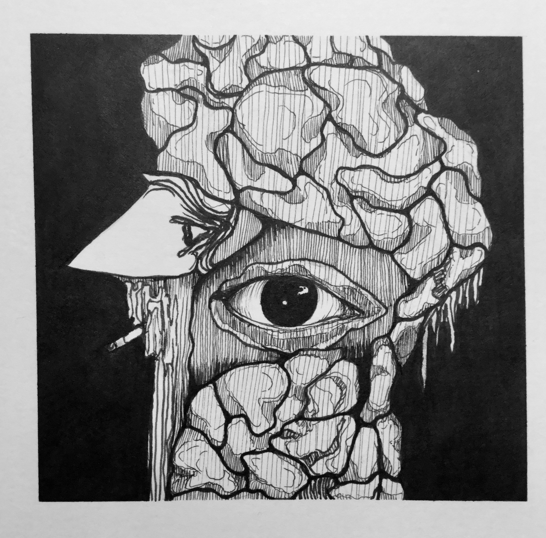 Ink illustration of Kurt Vonnegut's profile, smoking a cigarette with an eye in the center, and a blackground.