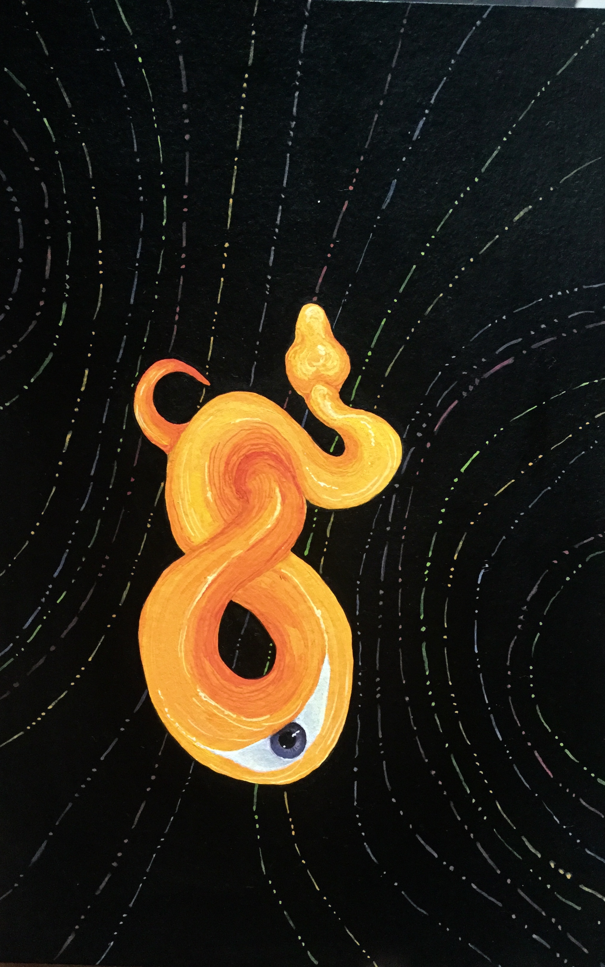 Gouache painting of a yellow-orange snake twisting with an eye in it's side. Black background with tiny colorful dashed lines