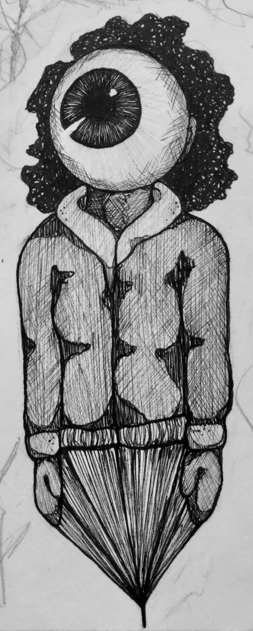 Ink illustration of a child in a puffy coat with an eyeball for a head and curly hair