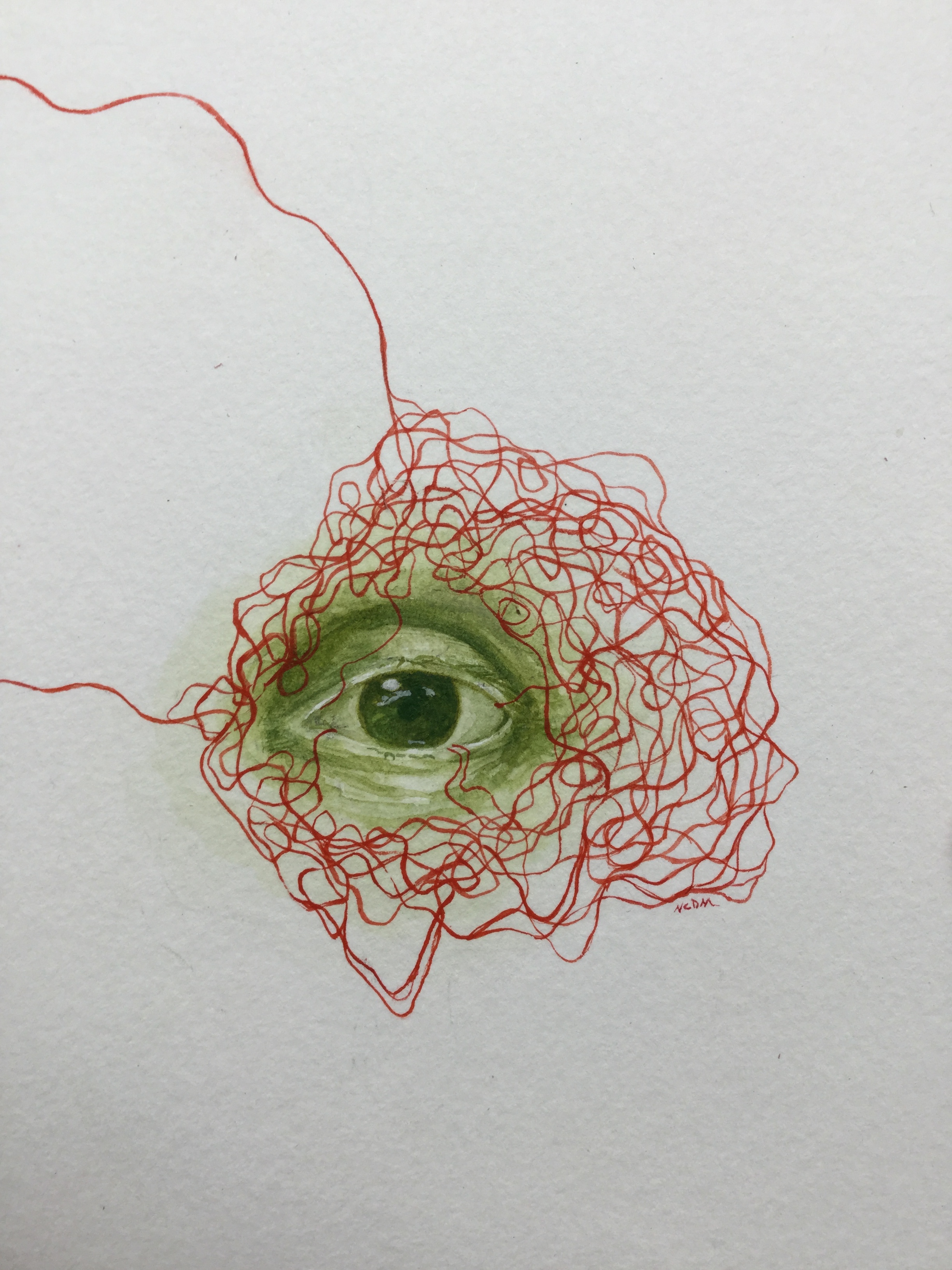 Green watercolor painting of an eye with tangled red lines around it