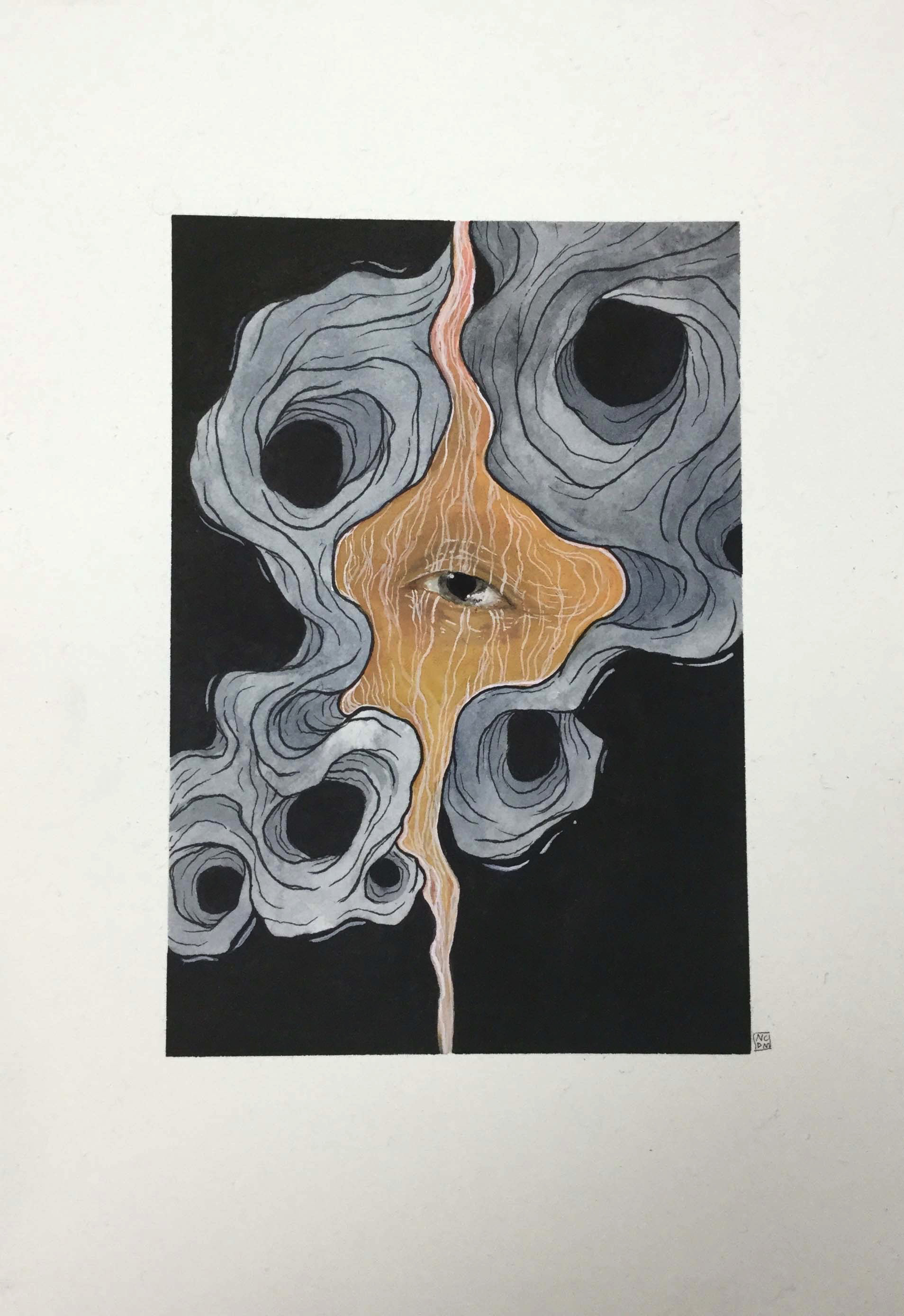 Gouache painting of an eye with the skin around melting upward and downward with grey swirls and a black background