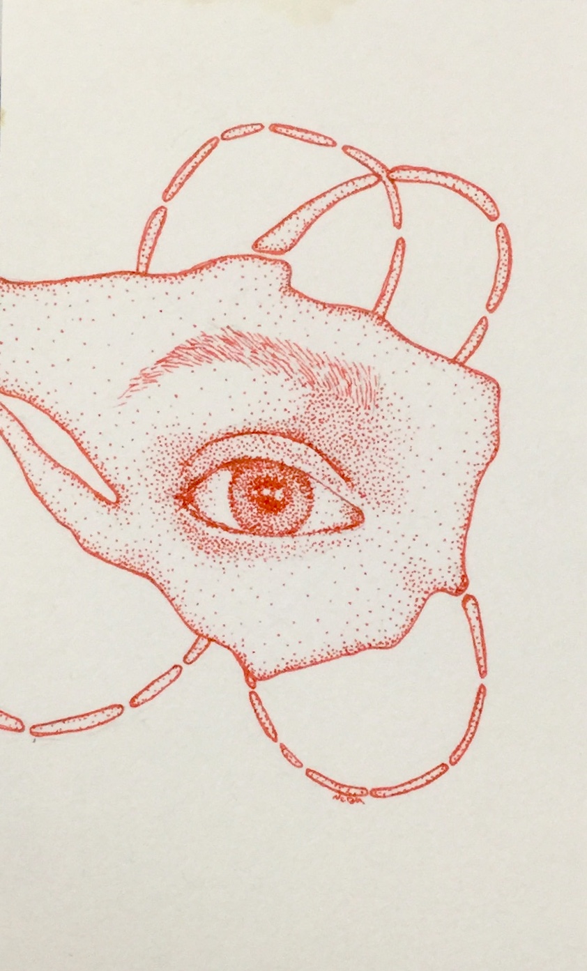 Red ink pointillism illustration of an eye with skin around it breaking into shapes