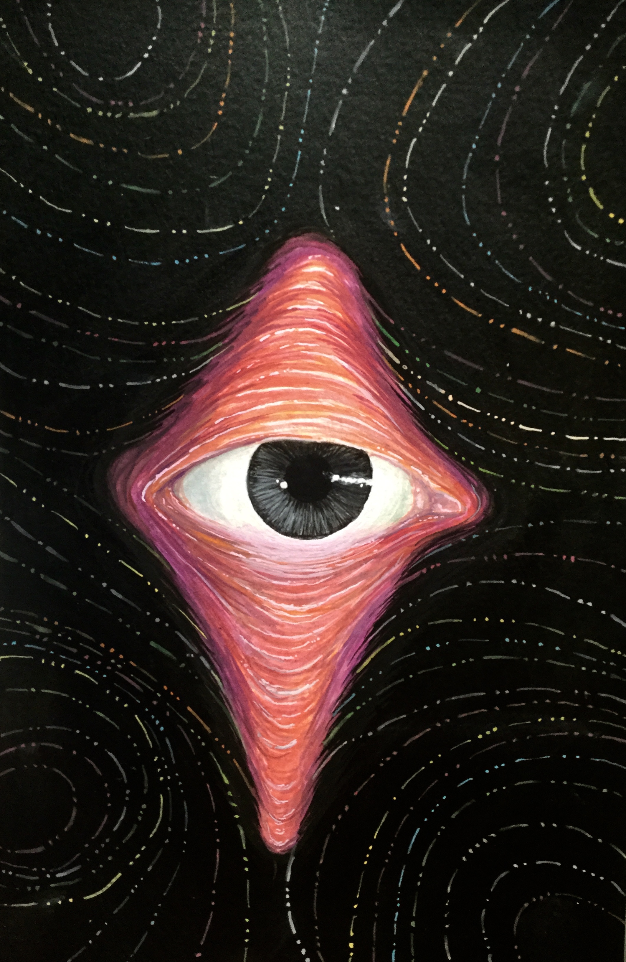 Gouache painting of an eye with muscles around it hovering on a black background with little colorful dashes behind it