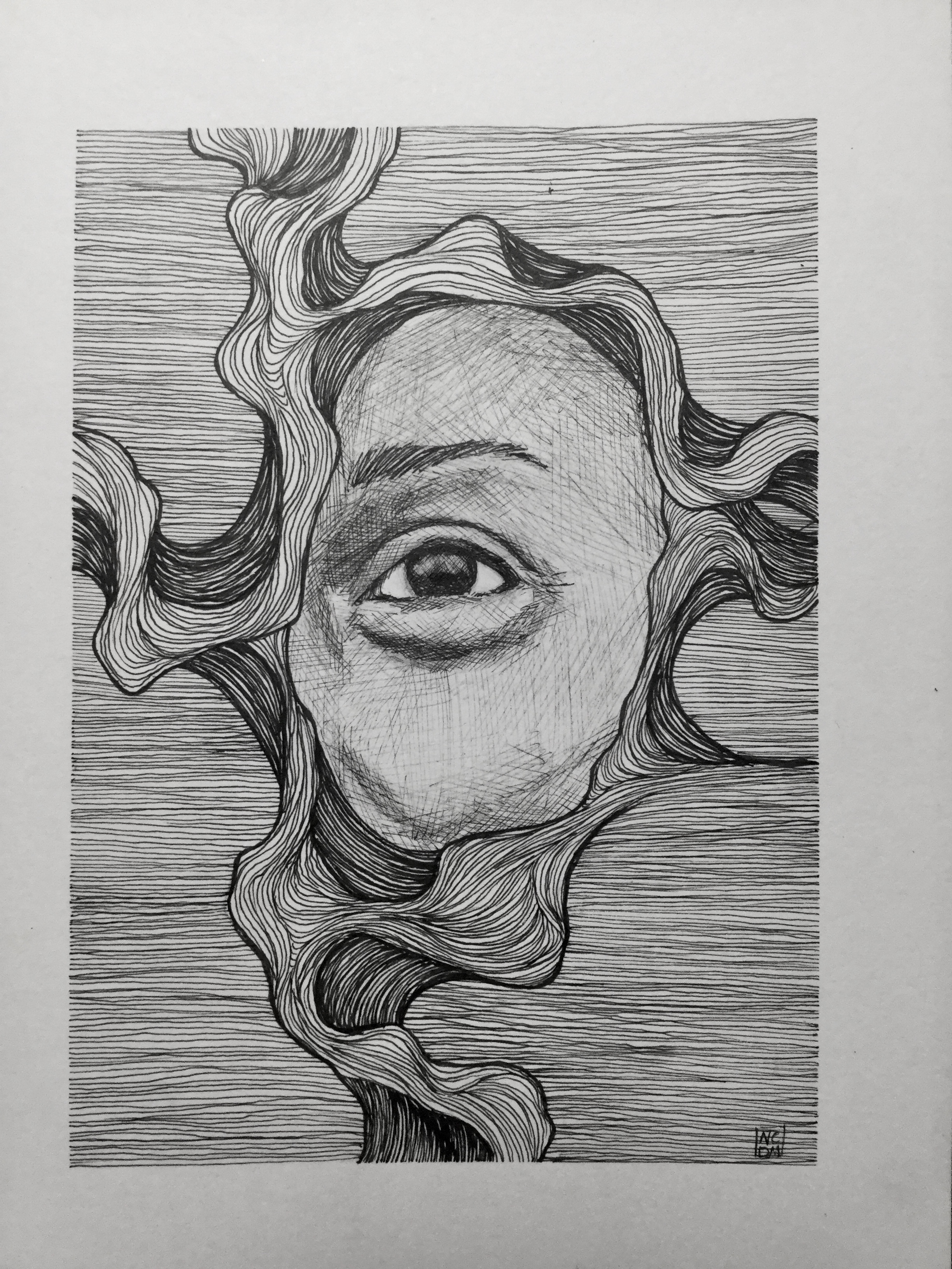 Ink illustration of a crosshatched eye with abstract organic, flowing shapes around it with horizontal lines behind it