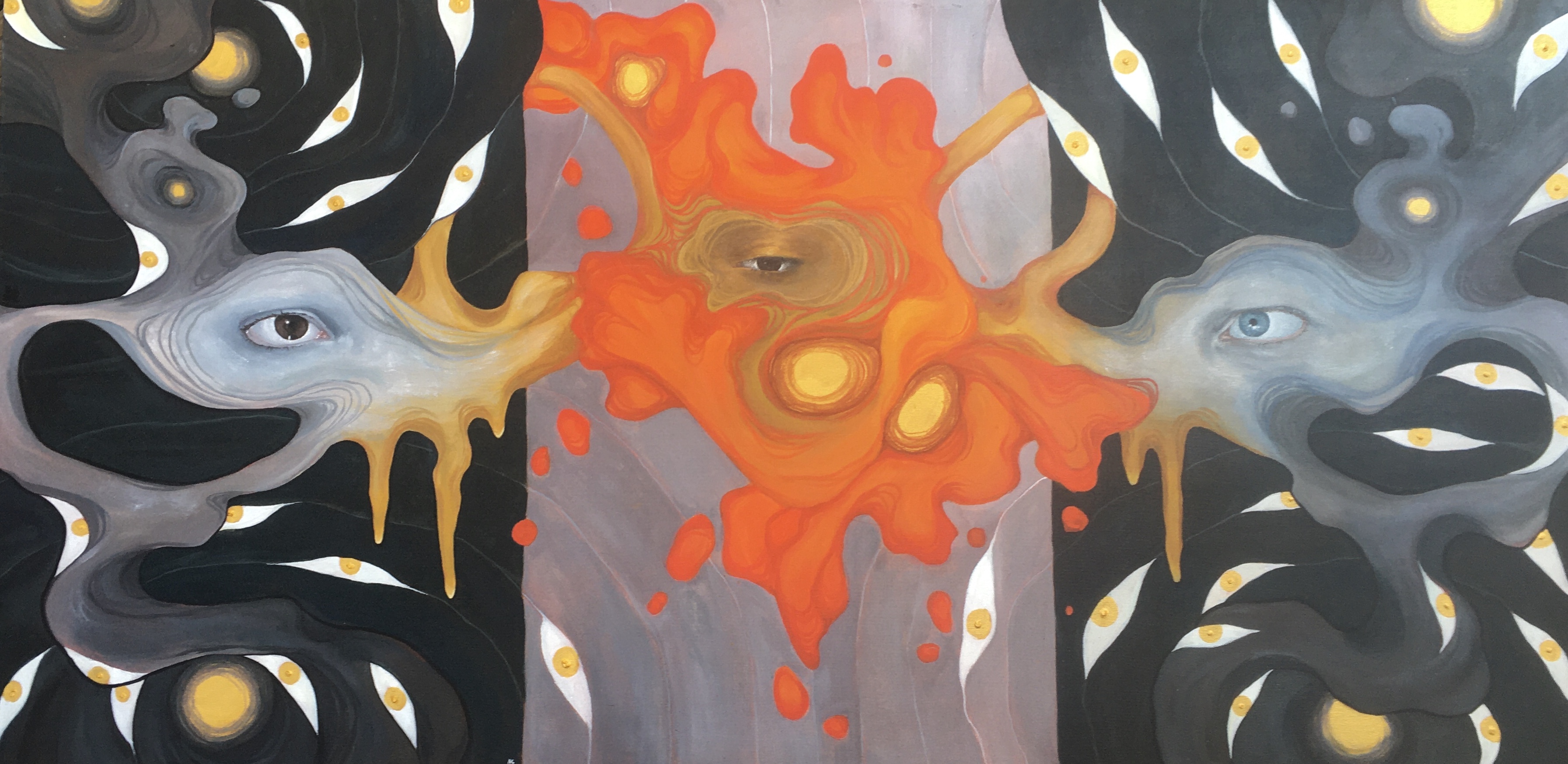 Paitnting of three eyes. In the center, the eye is beginning to close with a swirl of organic abstract orange shape around it with a purple background, it is flanked by bluish shapes with a flowing background, each shape as an eye looking at the center eye. Behind them are little eye shapes and gold circles