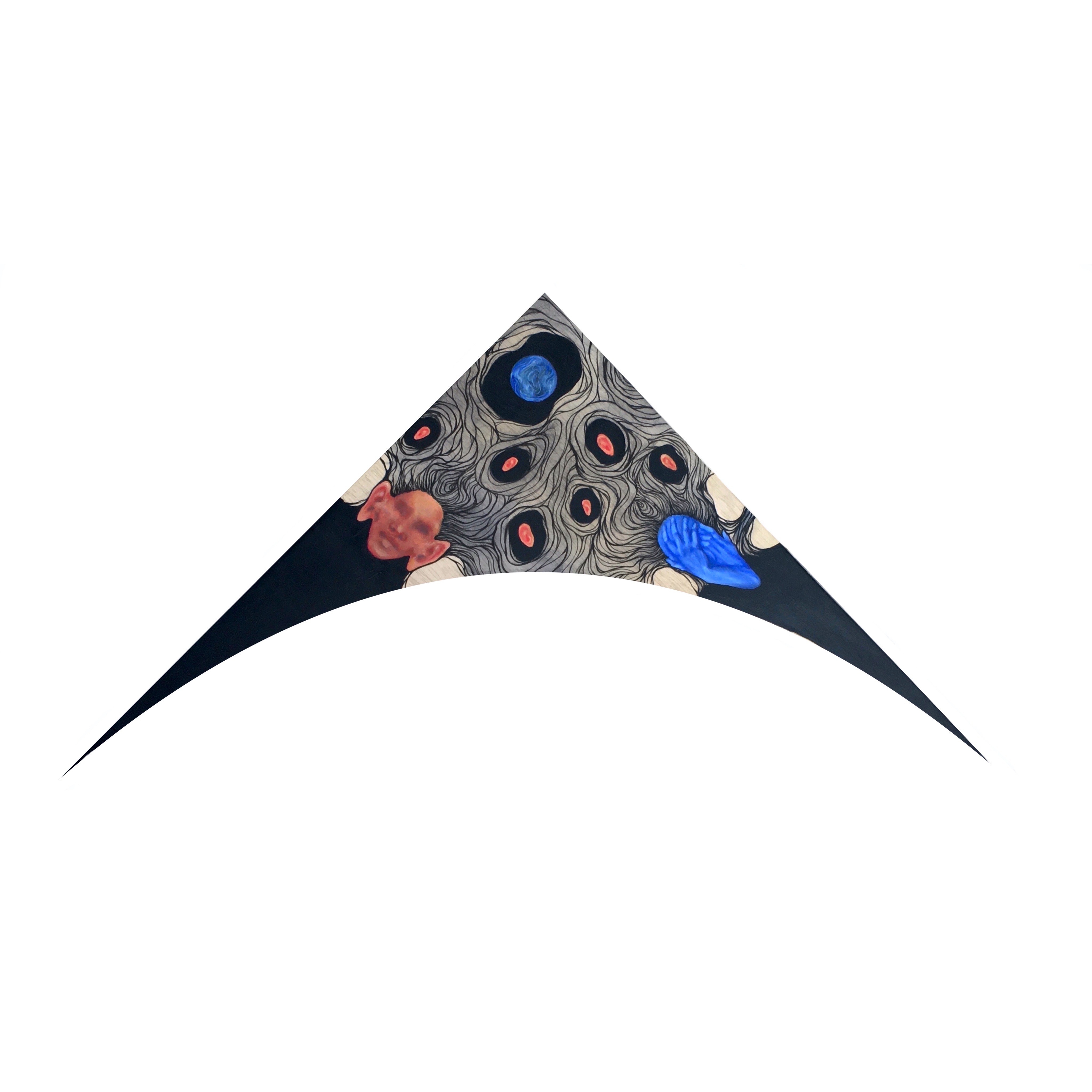 Triangular painting with a curved bottom. Two figures painted, a red face and a blue one covering it's face with hands. Abstracted black pattern with little orange ears in it and a globe.